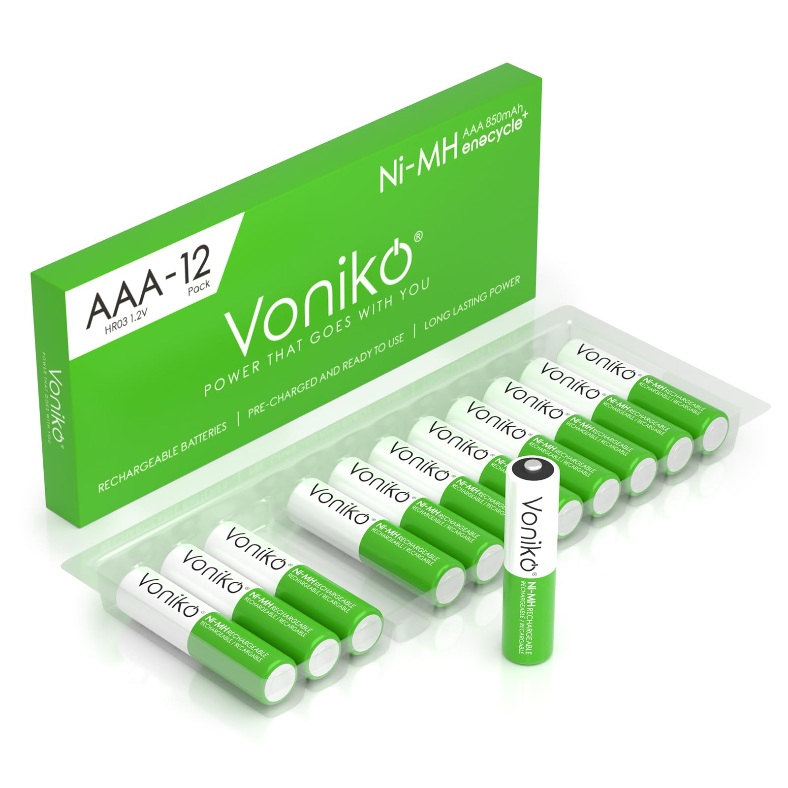 Voniko Rechargeable AAA NiMH Enecycle Triple A Batteries 12 Pack - Ultra Long Lasting, 850mAh, Recharge up to 1000x Times, Pre-C