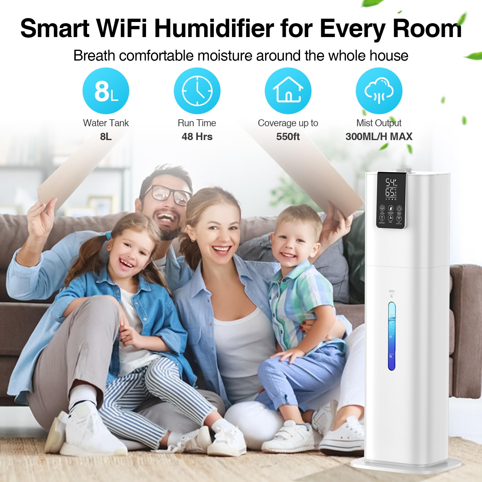 Smart Humidifiers Large Room Bedroom Home,2.11Gal(8L) Quiet Top Fill Cool Mist Humidifier,Smart App & Remote Control, 3 Speed Hu