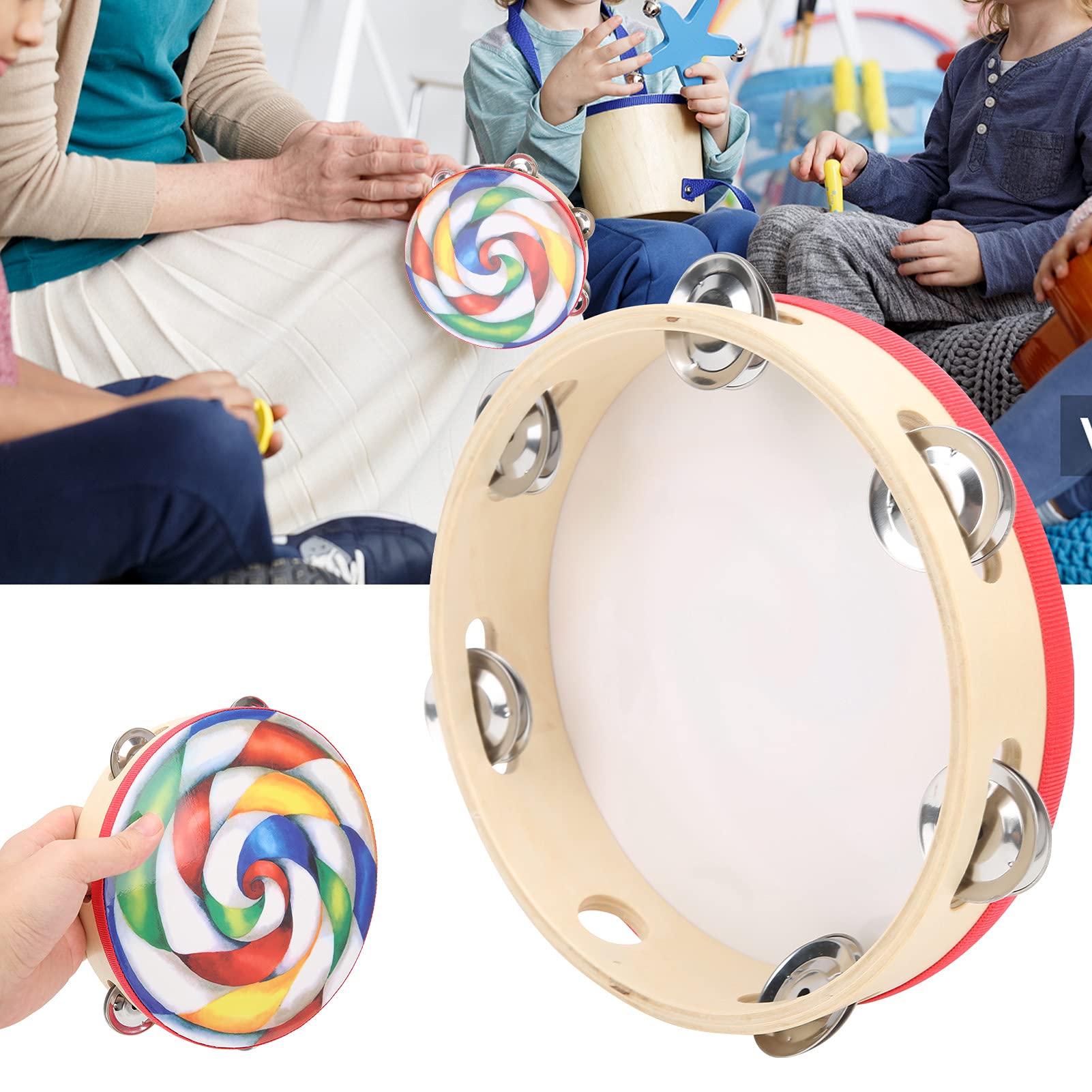 Ubersweet Tambourine, Colorful Crisp Sound Metal Bell Drum Percussion Instrument Stainless Steel Bells for Children for Rhythm T