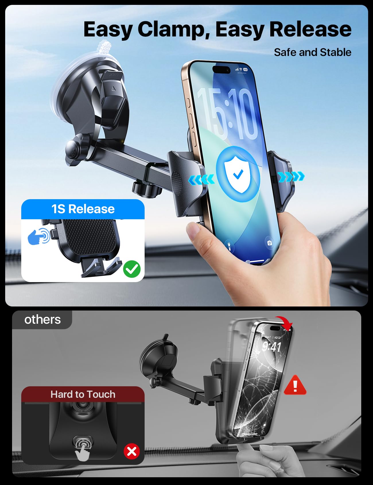 Andobil [2025 Military-Grade Durability] Car Phone Holder [Upgraded Strongest Suction & Clip] Cell Phone Car Mount Dashboard Win