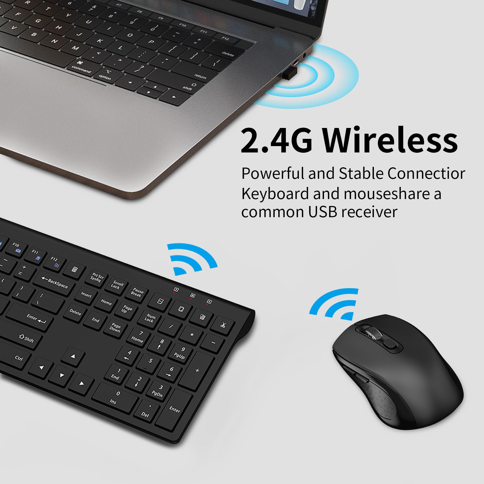 Wireless Keyboard Mouse Combo,Acozykitten 2.4G Usb Full Size Wireless Computer Keyboard And Adjustable Mouse, Scissor Switch, Fn