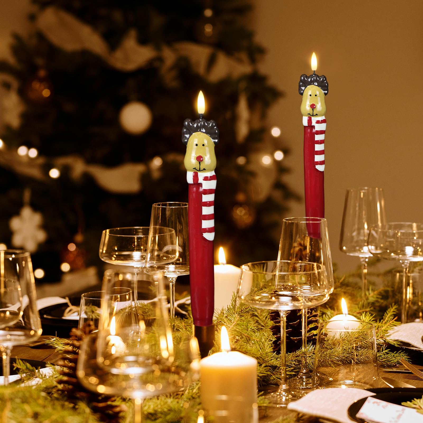 Kunswenn Christmas Flameless Taper Candles, Christmas Deer Led Taper Candles With Timer, 2 Pcs Christmas Deer Led Flameless Cand