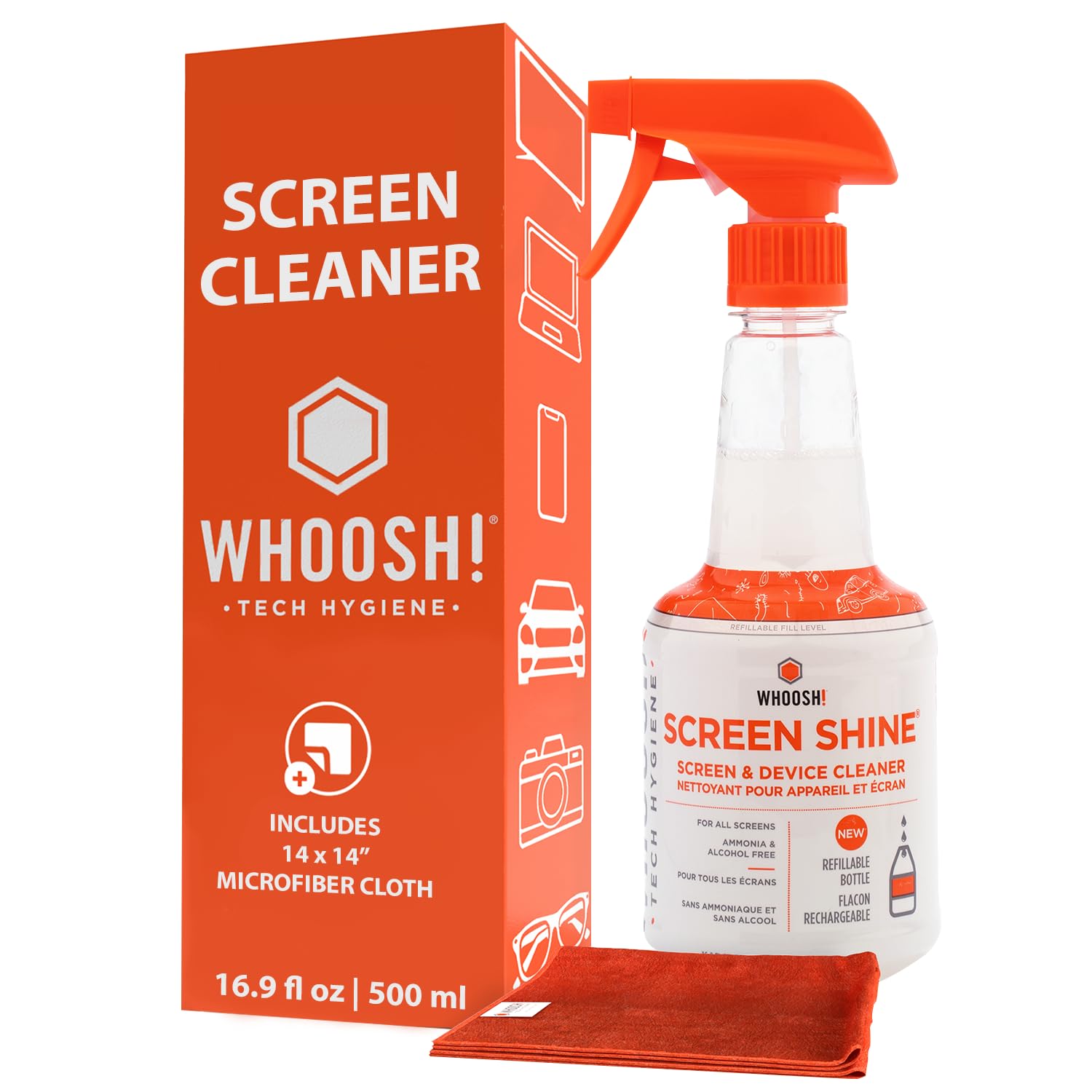 Whoosh! Large Screen Cleaner Spray And Wipe   16.9 Fl Oz + 1 Microfiber Cloth Wipe   For Tv, Car, Computer, Laptop, Macbook, Ipa