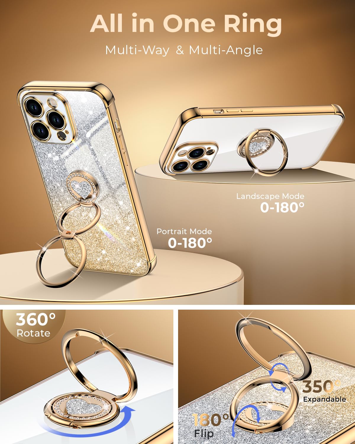 Xyz For Iphone 14 Pro Case With Stand, Phone Case With Double Ring Kickstand, Women Girls Bling Luxury Glitter Clear Phone Case