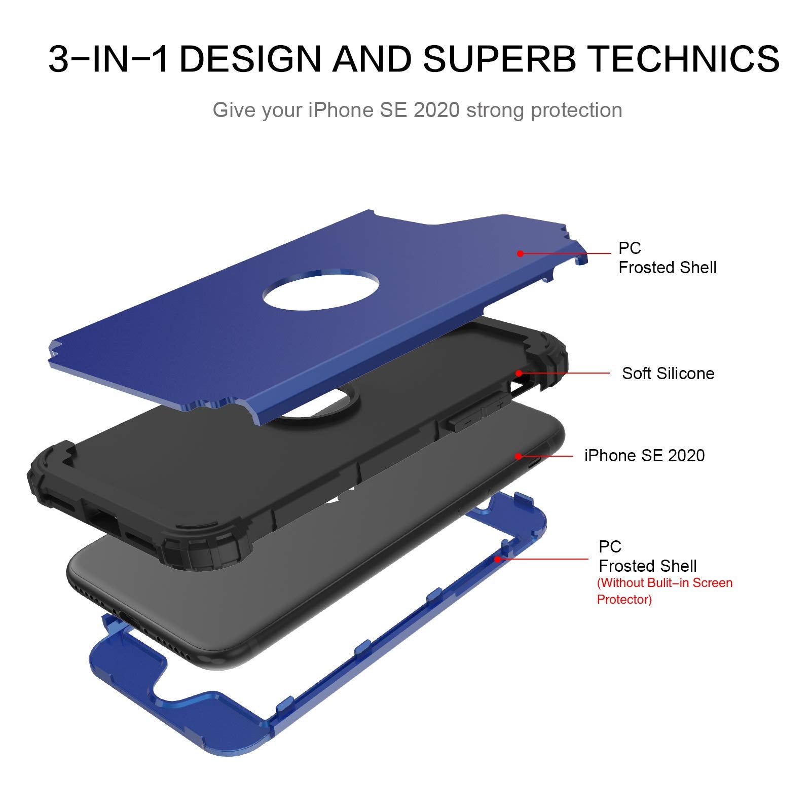 Bentoben For Iphone Se 2022 Case And Phone Case Iphone Se 2020, Heavy Duty 3 In 1 Full Body Rugged Shockproof Hybrid Hard Pc Sof