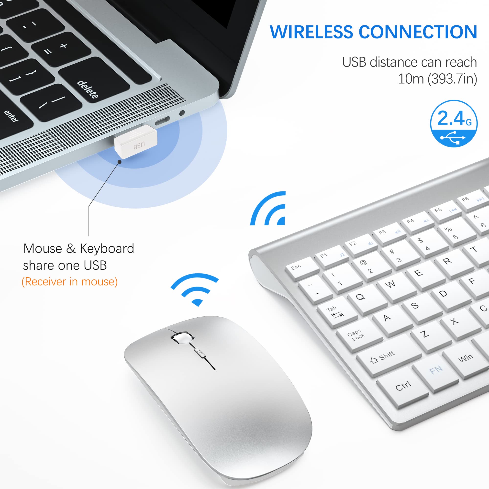 Wireless Keyboard And Mouse Ultra Slim Combo, Topmate 2.4G Silent Compact Usb 2400Dpi Mouse And Scissor Switch Keyboard Set With Cover, 2 Aa And 2 Aaa Batteries, For Pc/Laptop/Windows/Mac Silver White
