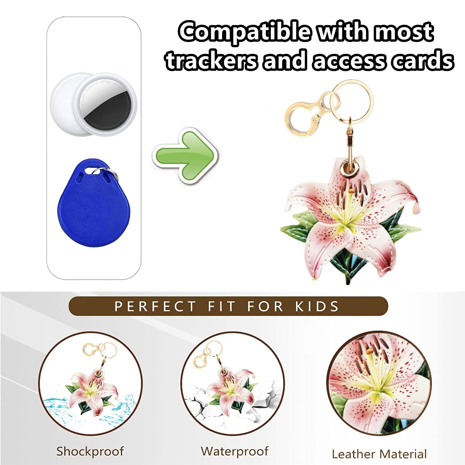 BORKUANA AirTag Keychain Holder Case Protective Faux Leather Flower for Wallet Keys