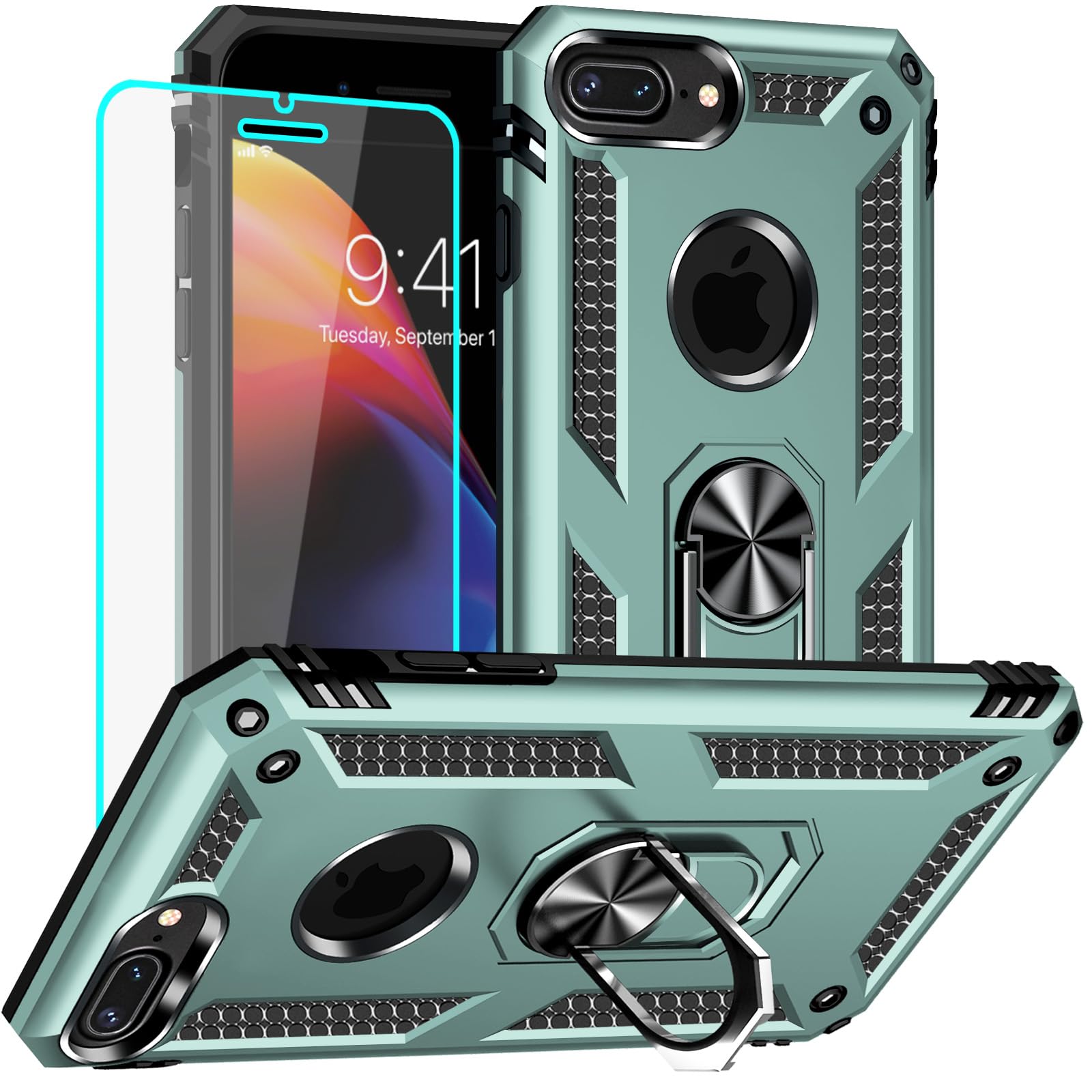 Yiakeng for iPhone 8 Plus Case: iPhone 8 Plus Phone Case with HD Screen Protector - Military Grade Protective Case with Ring (Da