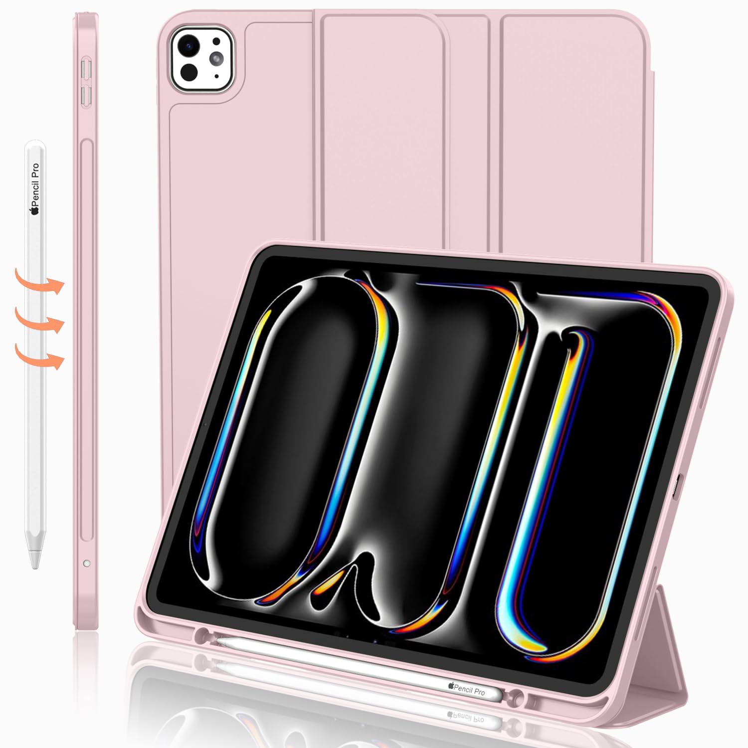 Imieet Ipad Pro 13 Inch Case M4 (2024) With Pencil Holder, [Support Pencil Pro And Pencil (Usb C)],Trifold Stand Smart Case With Soft Tpu Back, Auto Wake/Sleep (Pink)