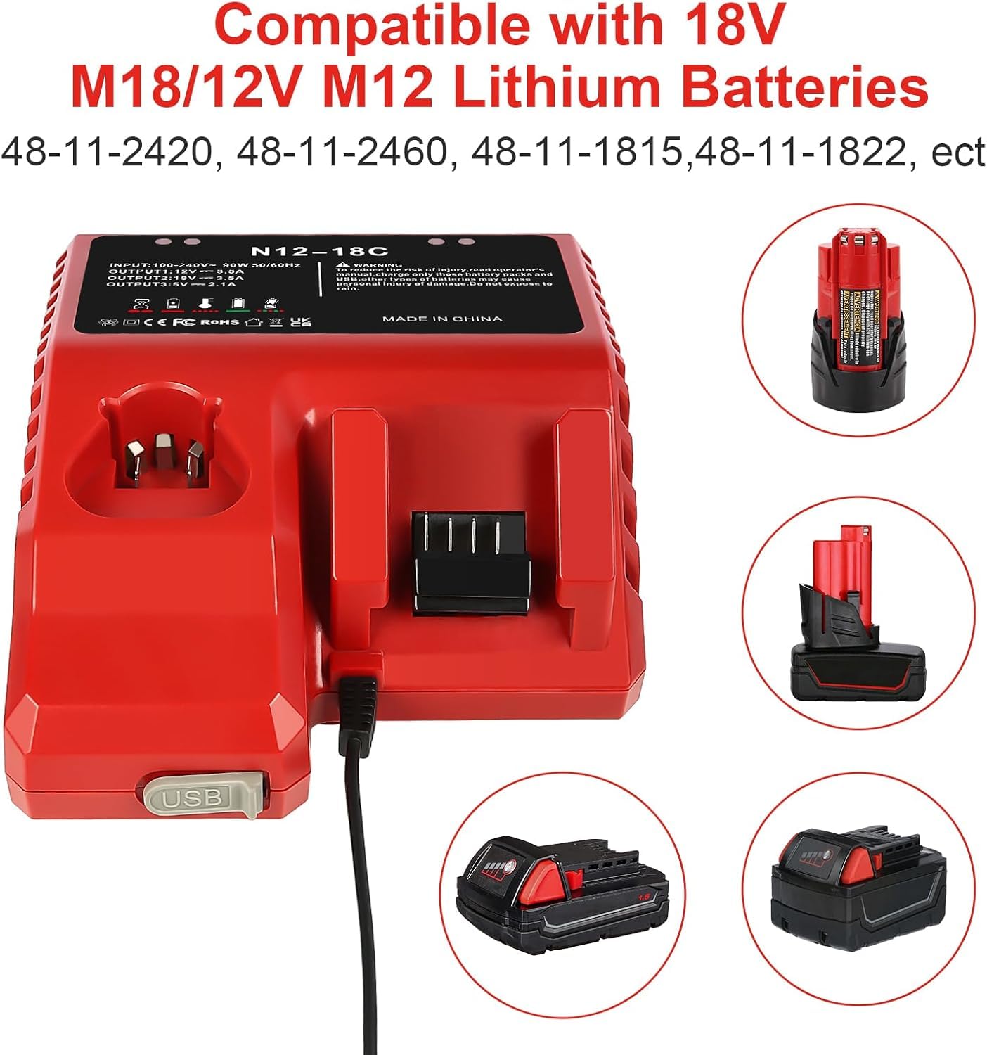 M18 & M12 Battery Charger Replacement For Milwaukee 12V-18V Battery 48-11-2420 48-11-2440 48-11-1815 48-11-1820 48-11-1840 48-11