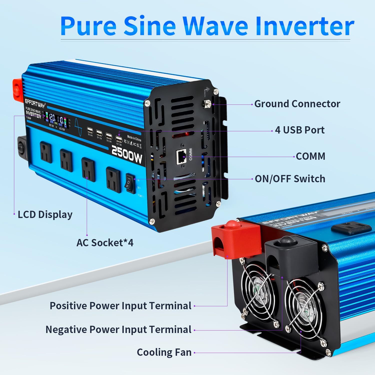 2500W Pure Sine Wave Inverter Dc 12V To Ac 110V/120V Converter, 5000W (Peak) With Lcd Display, Wireless/Wired Remote Control, 4A