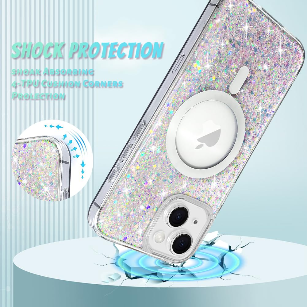 Bonoma For Iphone 15 Plus Case, Sparkly Glitter Bling Back, Magnetic Support For Magsafe Shockproof Case, Crystal And Clear High