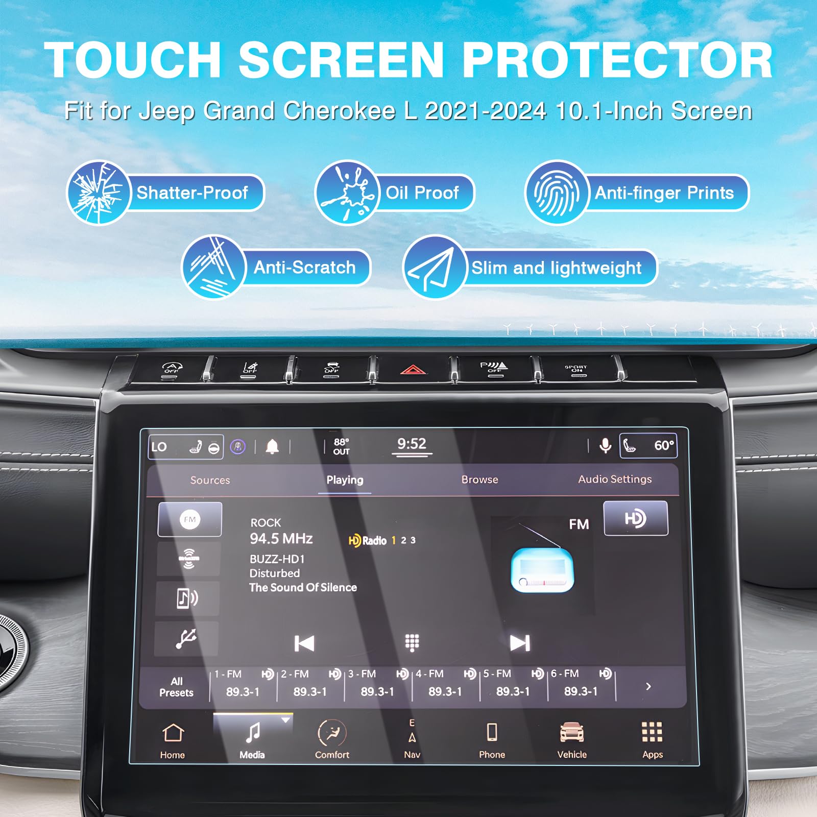 Karltys 2 Pack 10.1 Inch Screen Protector For 2021 2025 Jeep Grand Cherokee L, 2021 2025 Dodge Durango, 2021 2025 Chrysler Pacifica Tempered Glass Touch Screen Protector Ultra Clear Anti Glare