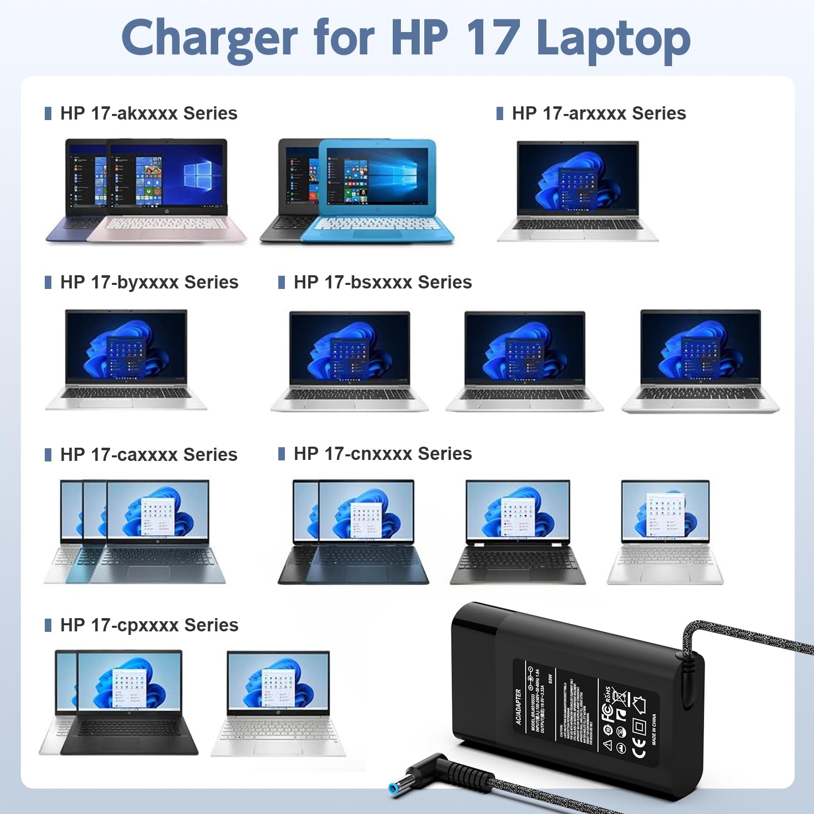 65W 45W Charger For Hp 17 Laptop; 17 By, 17 Bs, Hp 17 Ak, 17 Ar, 17 Ca, 17 Cp, 17 Cn, 17 X0, 17 X1: 17 Ak013Dx, 17 By1053Dx, 17 By0021Dx, 17 Ca0020Nr, 17 Ar050Wm Power Supply Cord (Blue Tip)