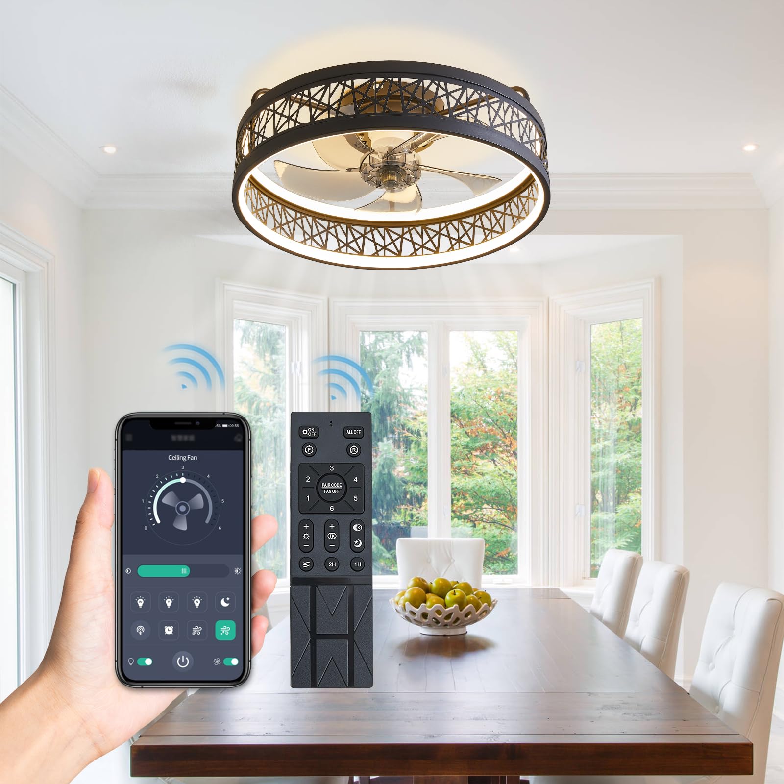 18'' Caged Ceiling Fans With Lights, 6 Speed Low Profile Ceiling Fans With Lights And Remote 3000 6000K Dimmable, Bladeless Ceil