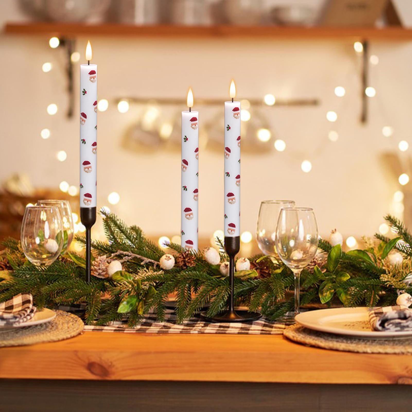 Dromance Santa Flameless Taper Candles Battery Operated With Remote And Timer, Real Wax 3D Wick Flickering Led Taper Candles Din