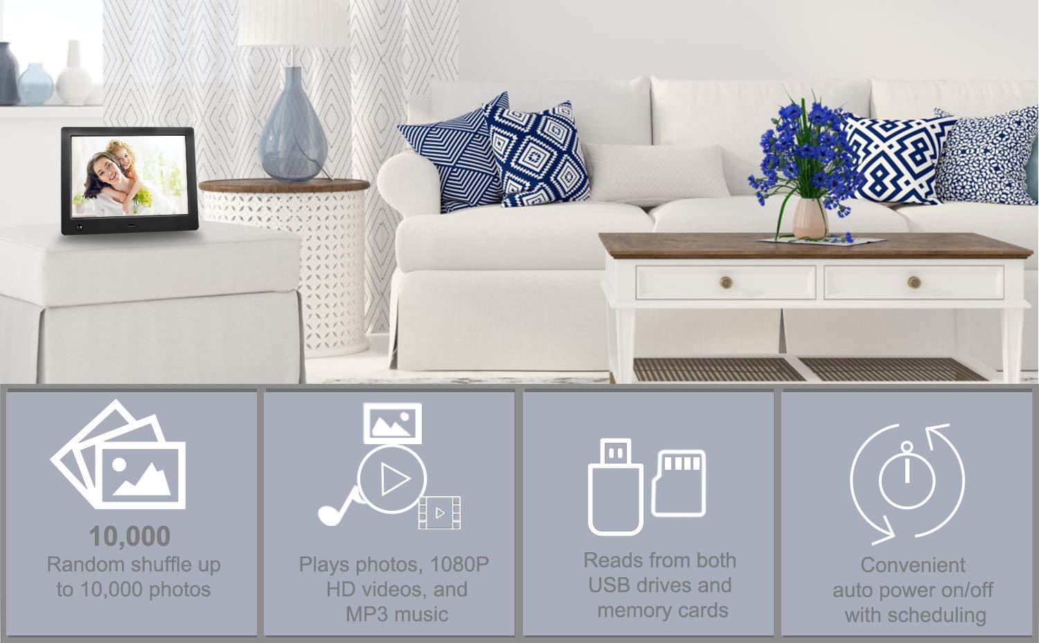 Digital Photo Frame 8 Inch   Electronic Photo Frame With Slideshow Hd Ips Display Picture Frame With Motion Sensor/Video/Backgro