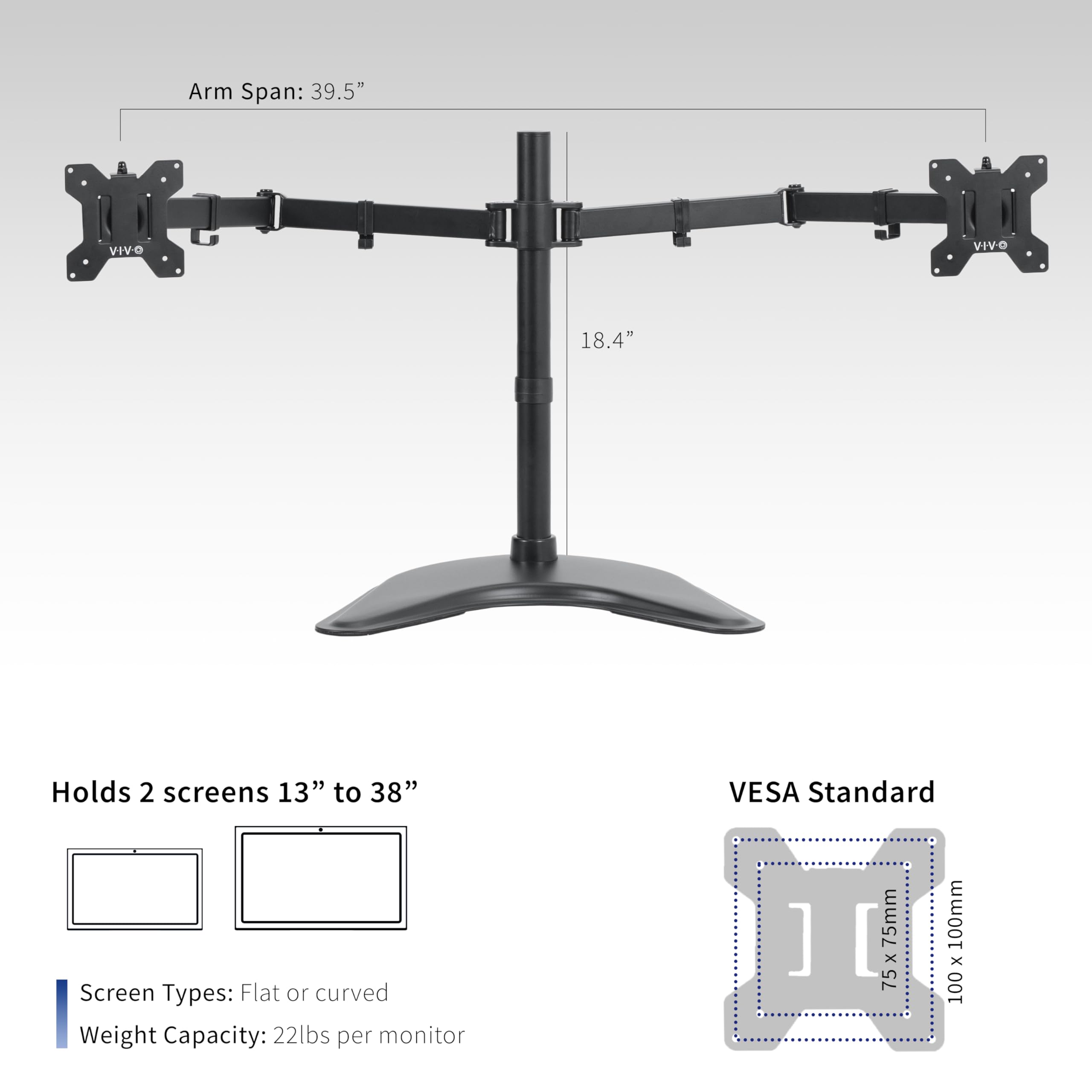 VIVO Dual Ultrawide Monitor Mount, Free Standing Desk Stand for 2 Screens up to 38 Inches, Heavy Duty Adjustable Arms, Max VESA 100x100mm, Black, STAND V038F