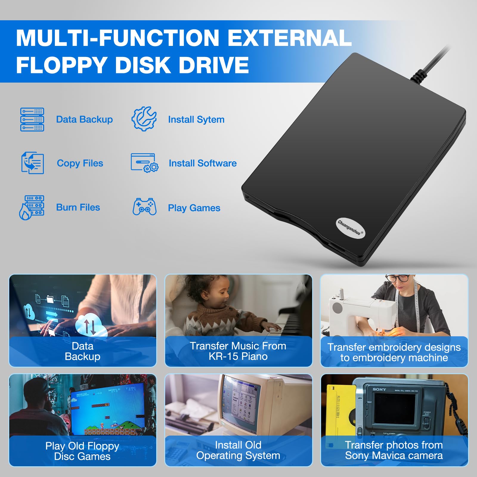 Floppy Disk Reader, 3.5 Inch 1.44Mb External Usb Type A/C Floppy Disk Drive For Pc, Laptop And Desktop Compatible With Windows 1