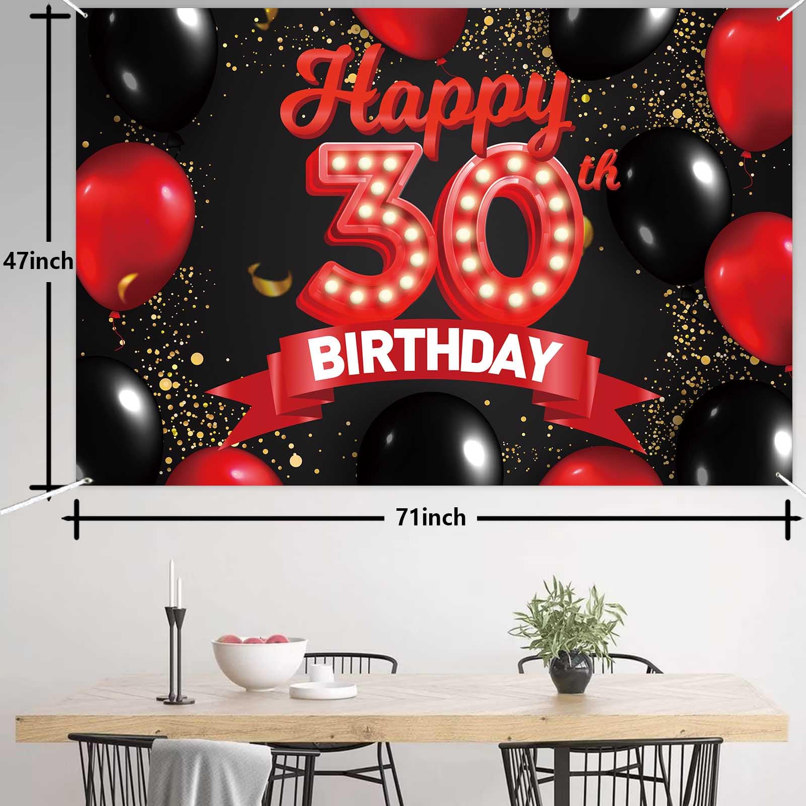 Happy 30Th Birthday Red And Black Banner Backdrop Decorations Balloons Theme Decor For Girls Women Princess 30 Years Old Birthda