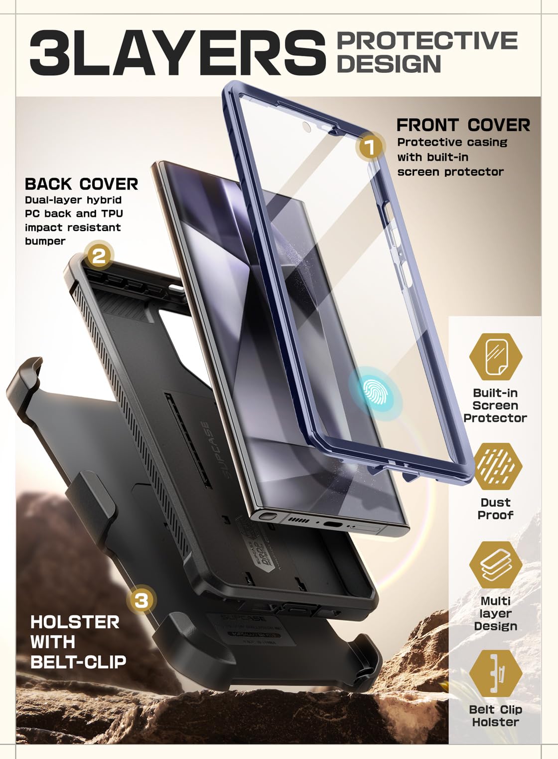 Supcase For Samsung Galaxy S24 Ultra Case With Stand, [Unicorn Beetle Pro] [2 Front Frames] [Built In Screen Protector & Belt Cl