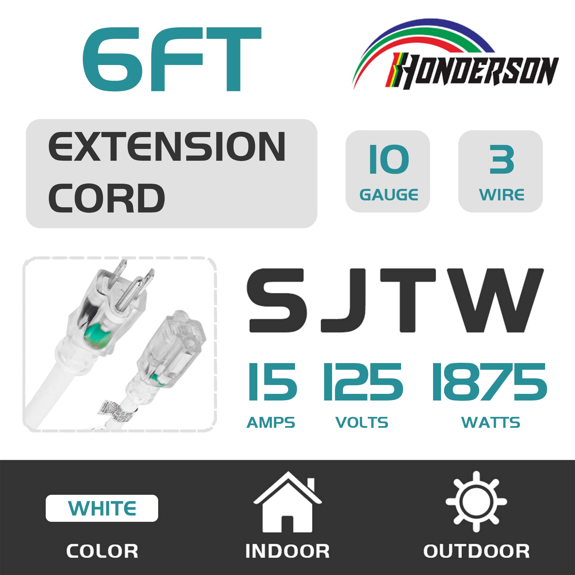Honderson Indoor Outdoor Extension Cord Weatherproof With Lighted End, Ul Listed, 10 Gauge 6Ft White 3 Prong Heavy Duty Extensio