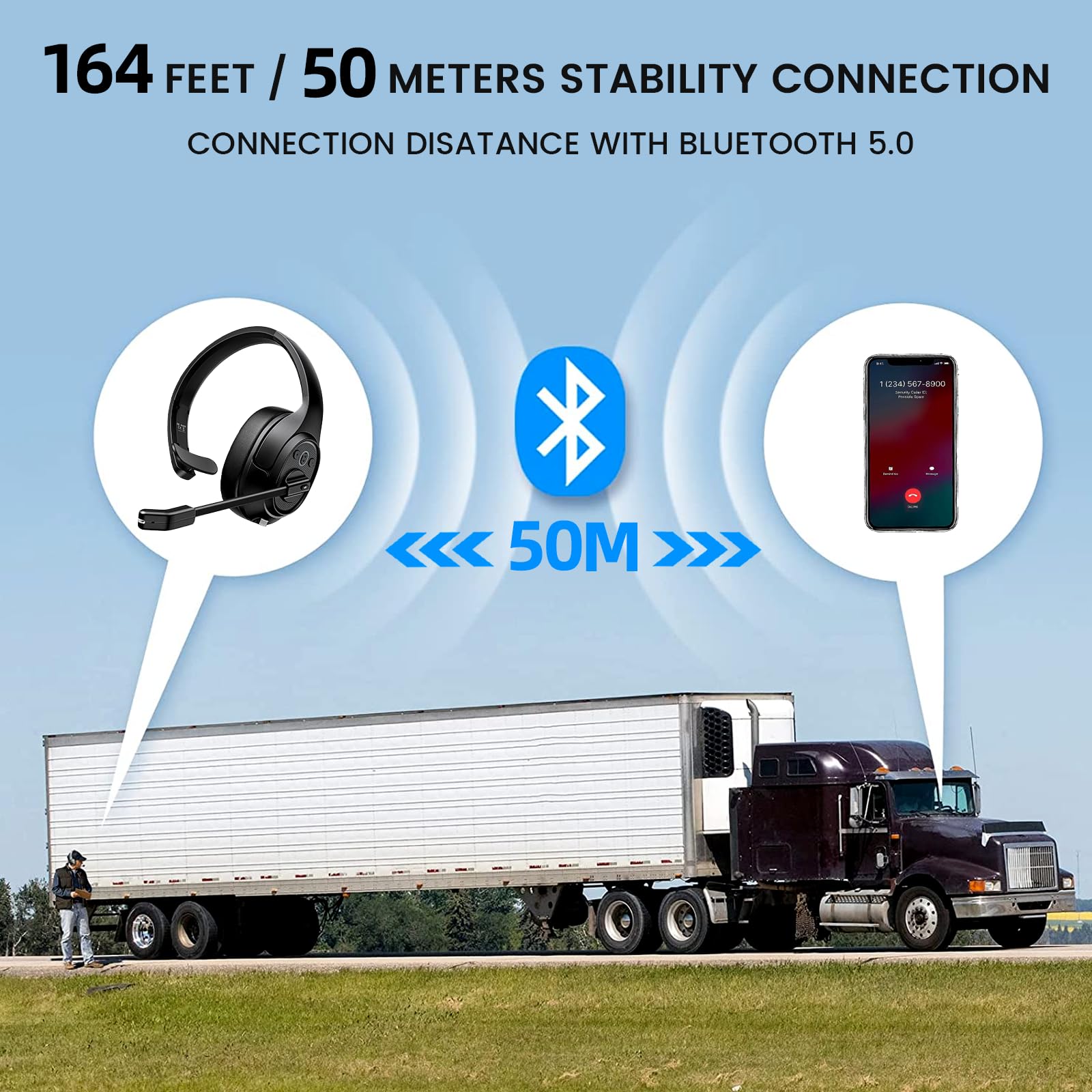 Eksa Bluetooth Trucker Headset, Wireless Headset With Environmental Noise Cancelling Microphone & Usb Dongle, 99Ft Long Range, V