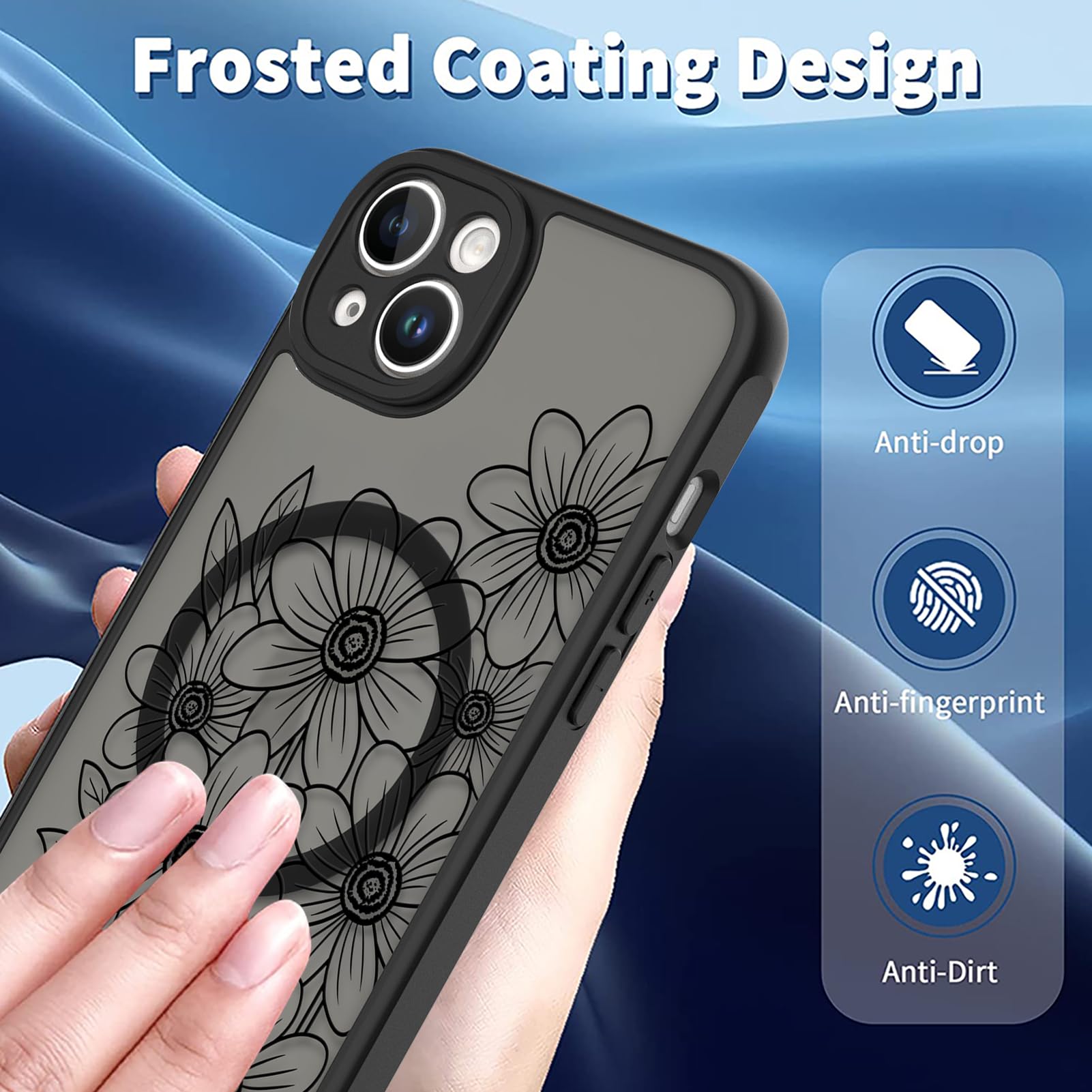Ook Magnetic For Iphone 14 Case Black Flower Sunflower Pattern [Compatible With Magsafe] Slim Translucent Matte Camera Lens Prot