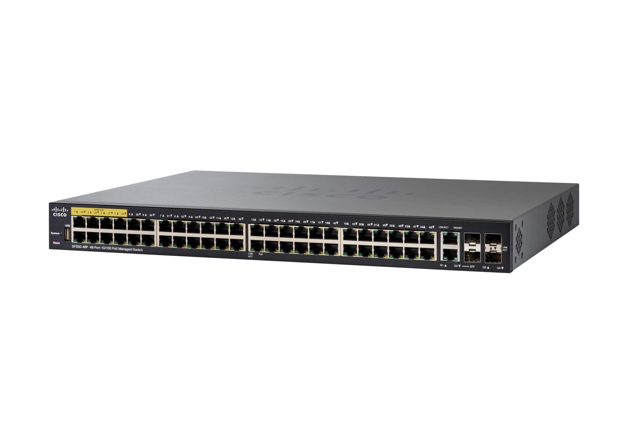 Cisco Sf350 48P Managed Switch, 48 10/100 Ports, 382W Poe, 4 Gigabit Ethernet (Gbe) Combo Sfp, Limited Lifetime Protection (Sf35