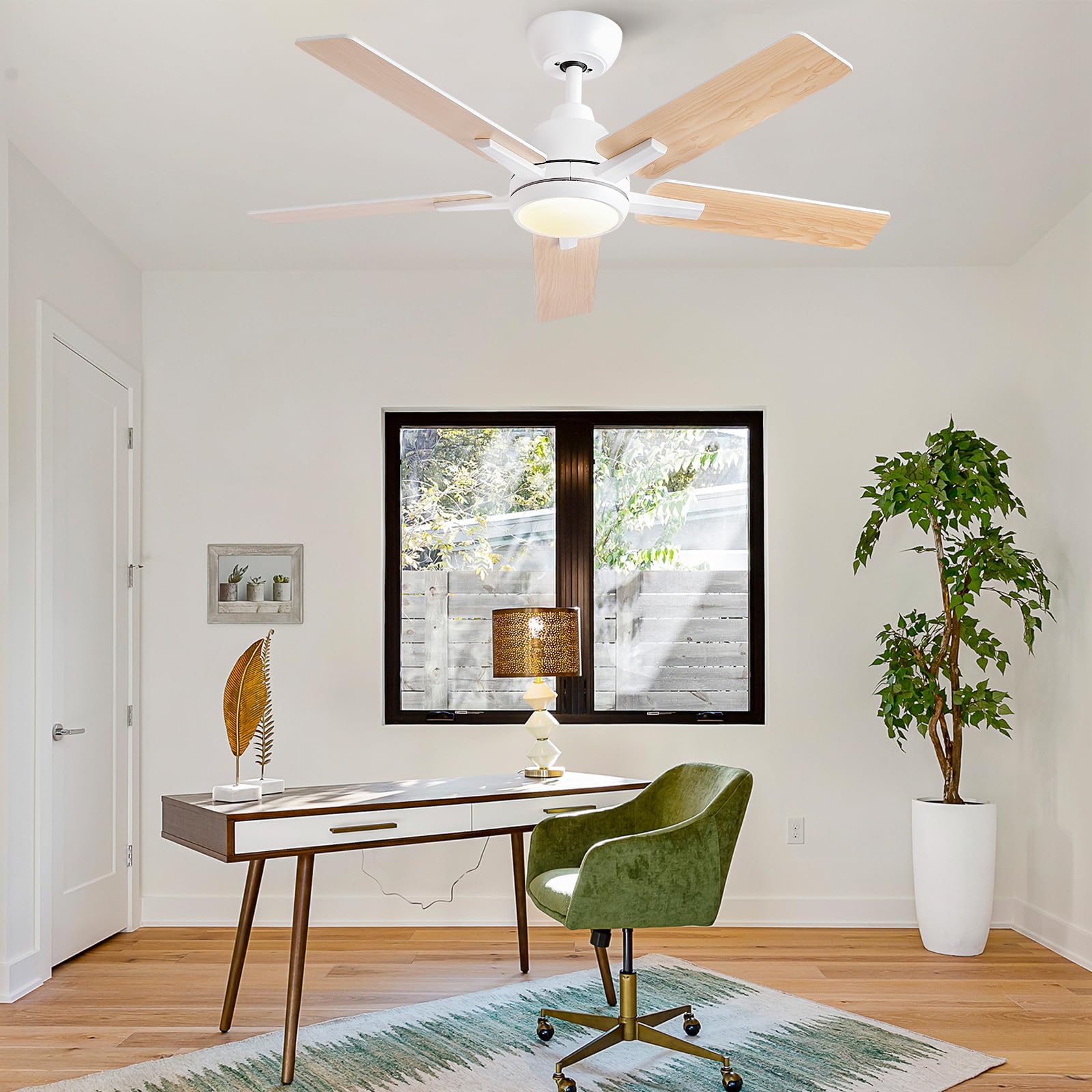 42 Inch Ceiling Fans With Lights And Remote,White Ceiling Fan With 5 Dual Sided Blades,Downrod,Quiet 6 Speed Reversible Dc Motor