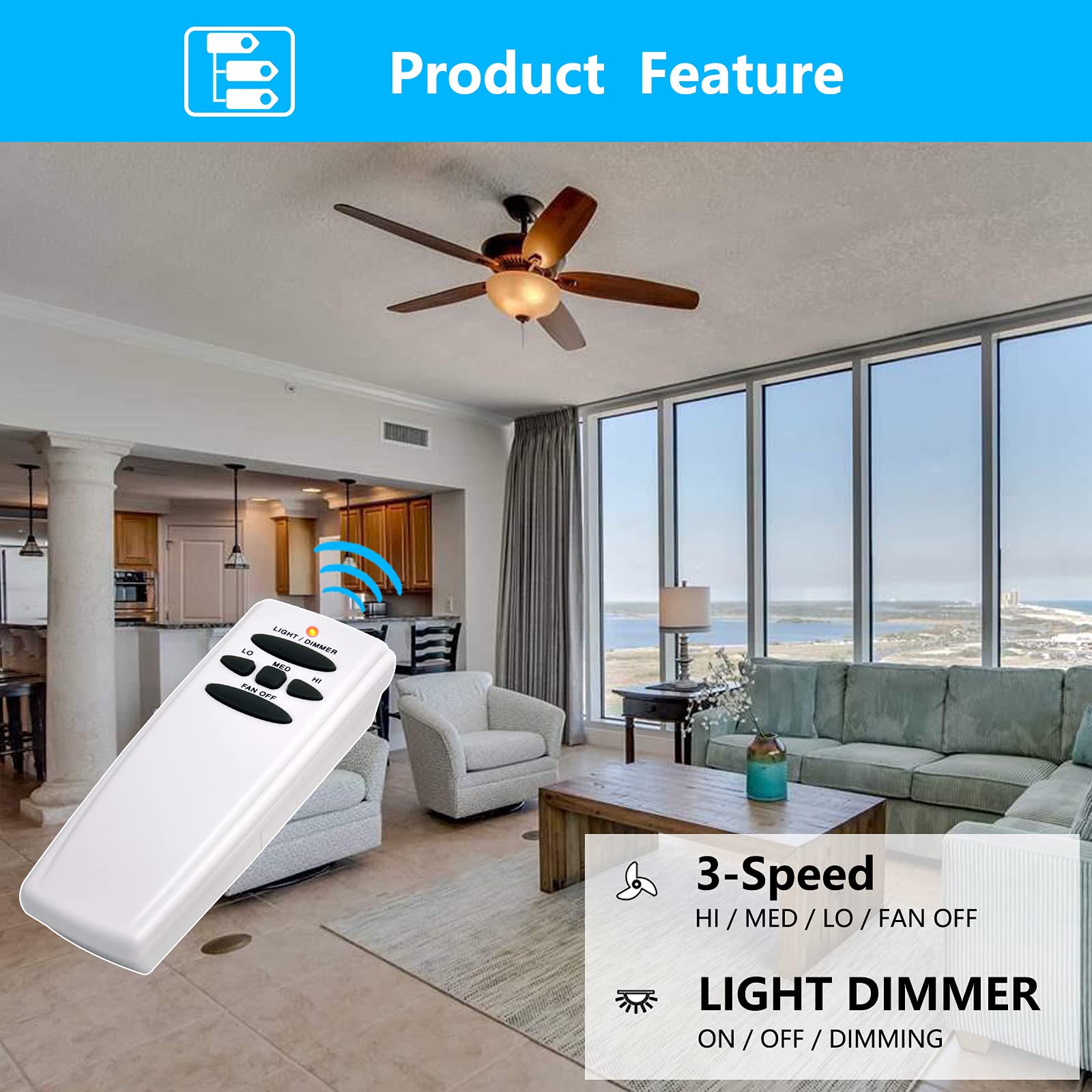 Fan Hd Ceiling Fan Remote Control Replacement For Hampton Bay Hunter, W/ 3 Speed Light Dimmer 303.9Mhz, Replace L3H2010Fanhd L3H