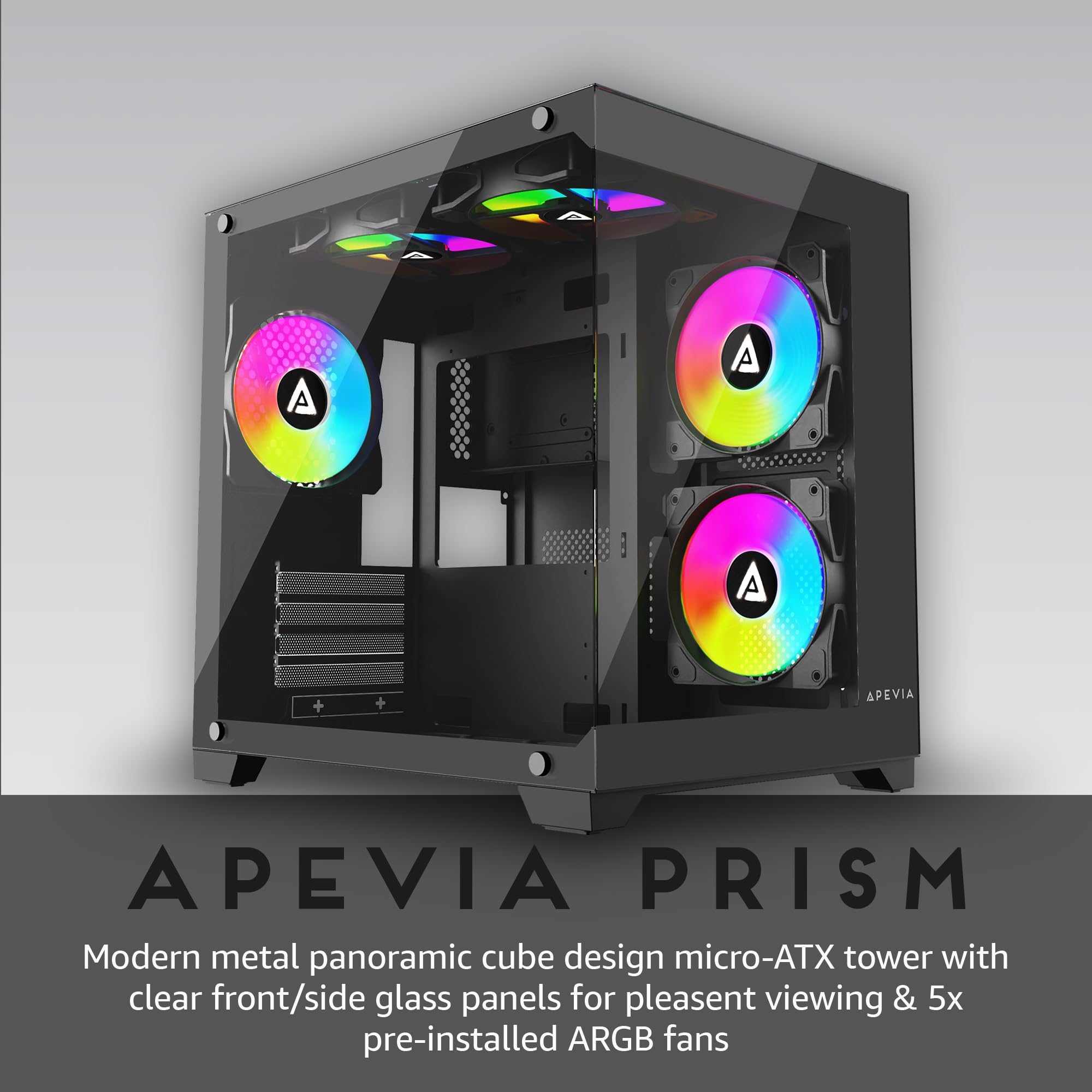 Apevia Prism Bk Prism Micro Atx Gaming Pc Cube Case W/ 5X 120Mm Argb Fans, 366 Rgb Modes, Dual Tempered Glass Panels, 240Mm Radi