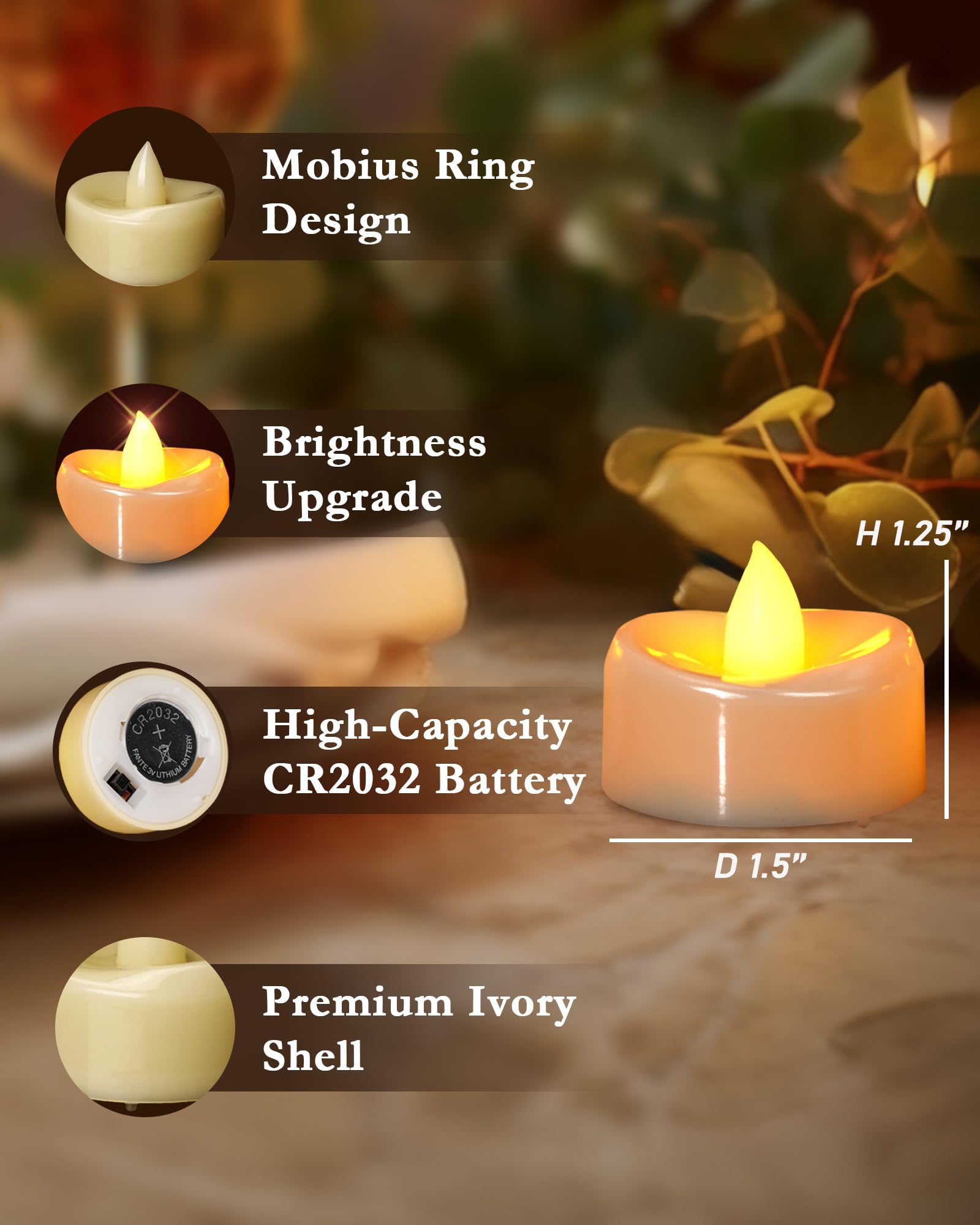 Merrynights Flameless Candles, 12 Pack Led Tea Lights Candles Battery Operated, Last 200+ Hrs Flickering Tea Lights For Hallowee