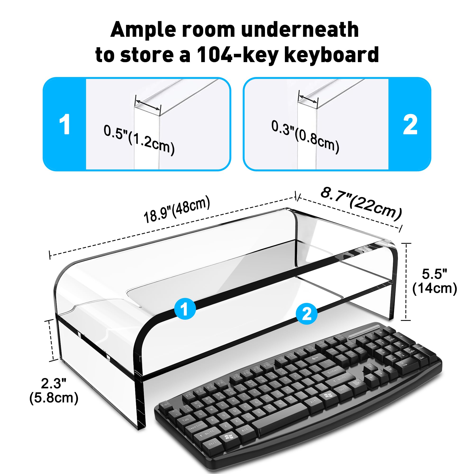 AboveTEK 2 Tier Acrylic Monitor Stand, Computer Riser for Home Office, Clear Monitor Riser for Keyboard Storage, 18.9' x 8.7' Multi Monitor Desk Stand for iMac Multi Media Laptop Printer TV