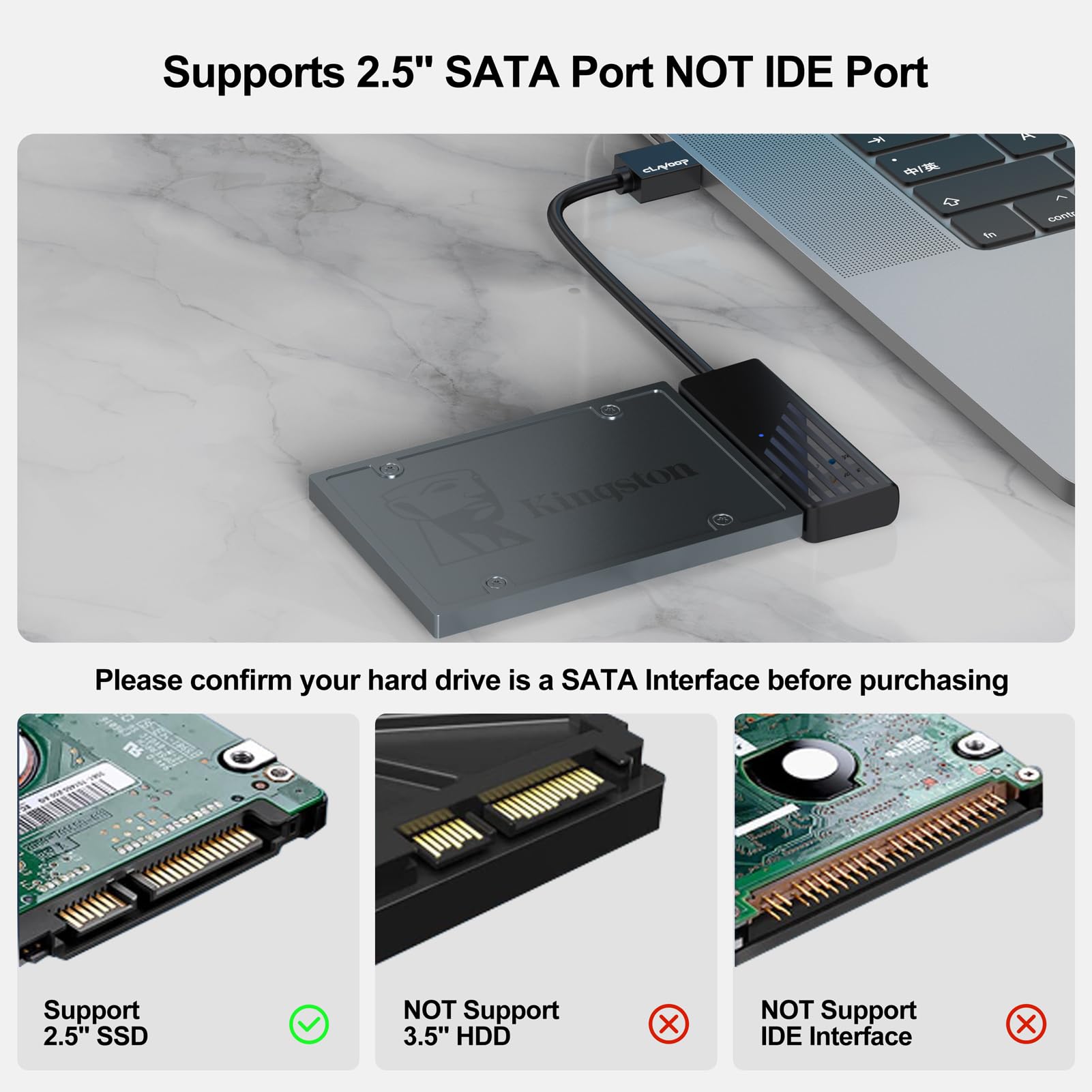 CLAVOOP SATA to USB 3.0 Adapter, 6" Black Cable, Copper, 5Gbps Data Transfer, UASP Compatible for SSD & HDD