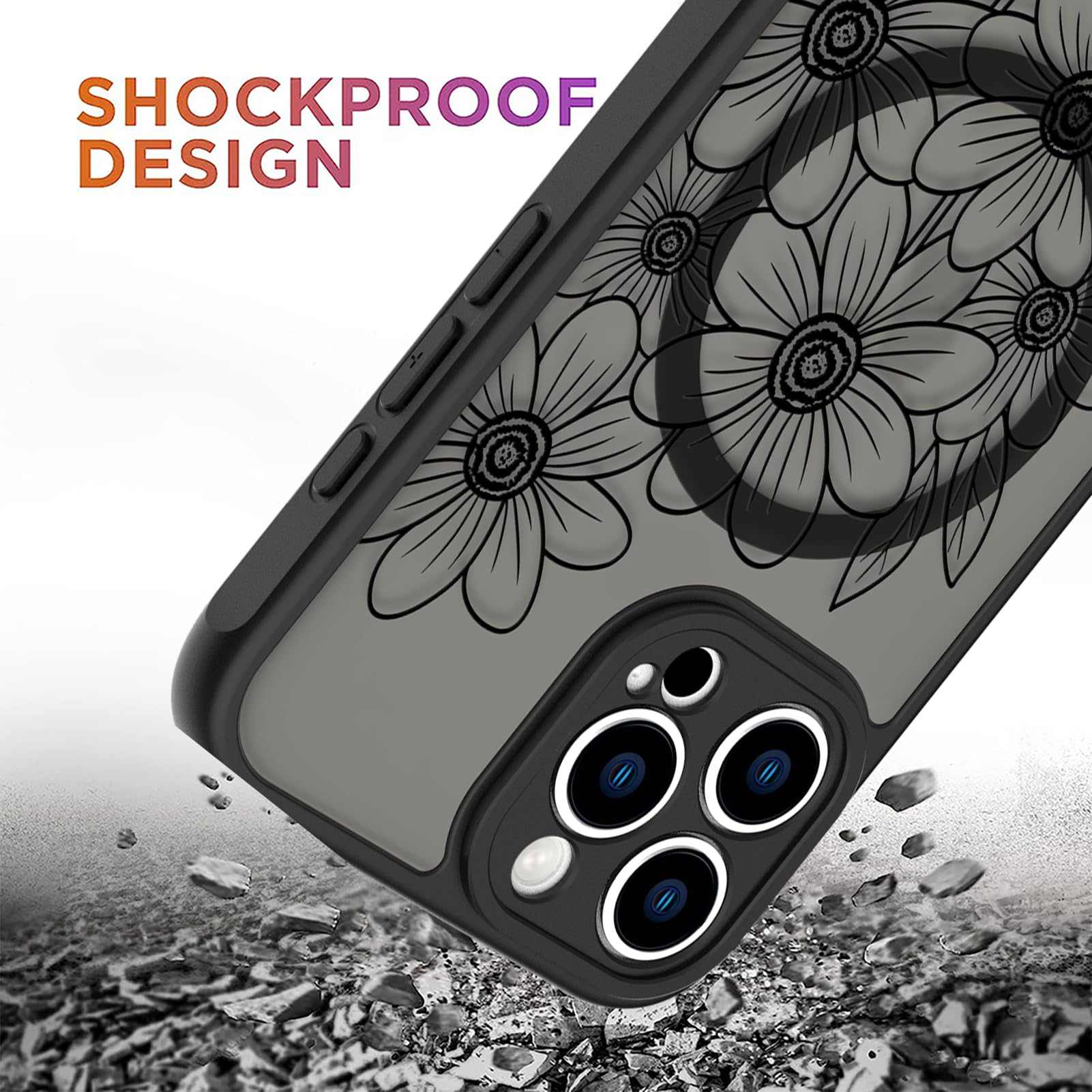 Ook Magnetic For Iphone 15 Pro Max Case Black Flower Sunflower Pattern [Compatible With Magsafe] Slim Translucent Matte Camera L