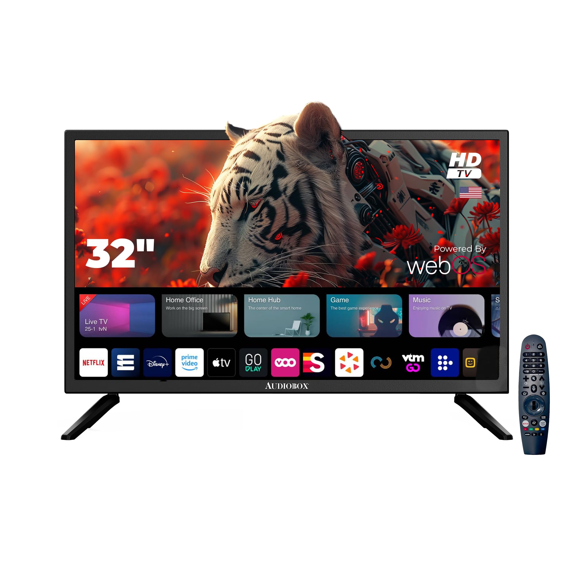 Audiobox 32-Inch Smart LED HDTV for RV, Camping | Magic Remote, webOS Hub, Bluetooth, Dual-Band WiFi, & 12V AC/DC Compatibility