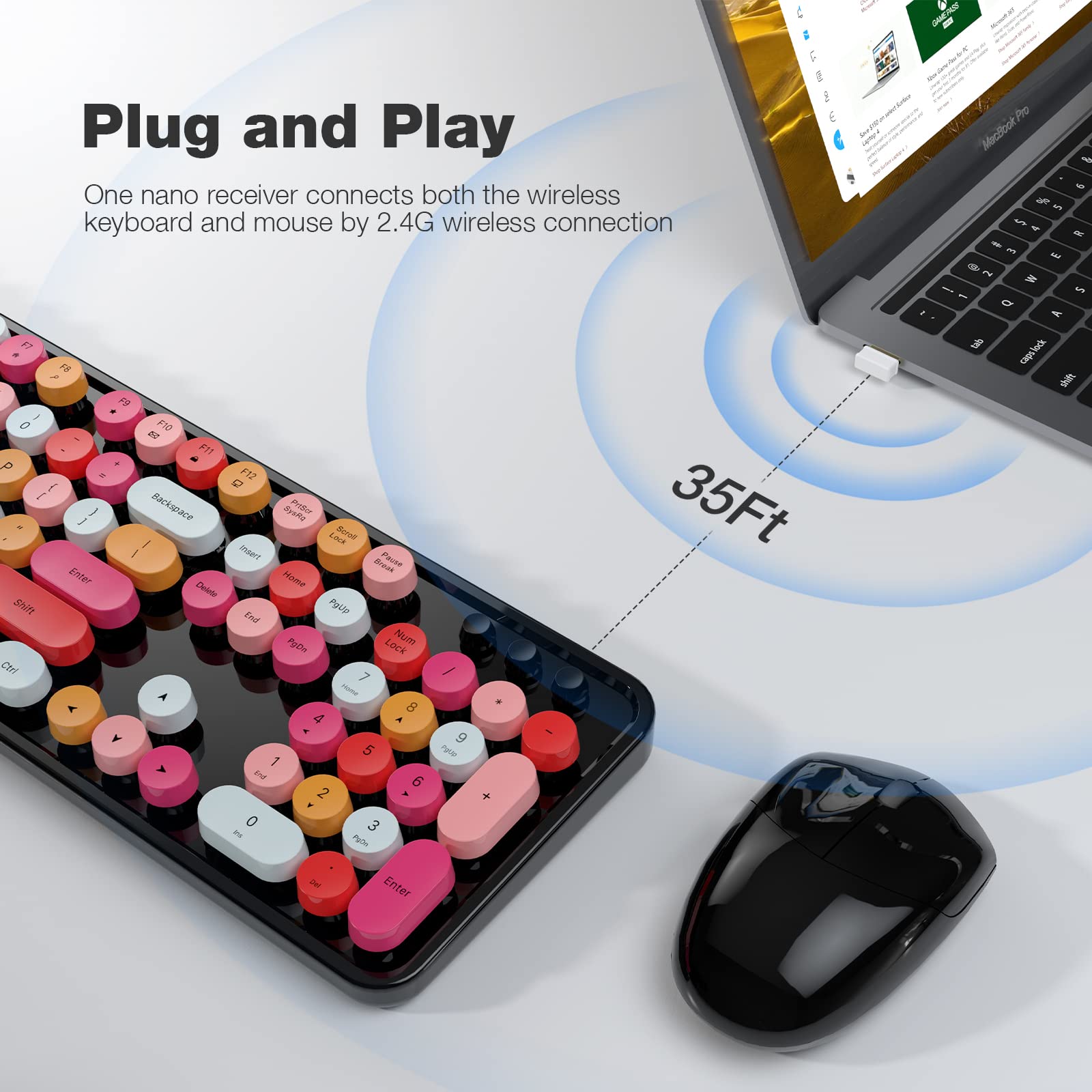 Dilter Wireless Keyboard And Mouse Combo, 104 Keys Full Sized 2.4 Ghz Round Keycap Typewriter Keyboards, Usb Receiver Plug And P