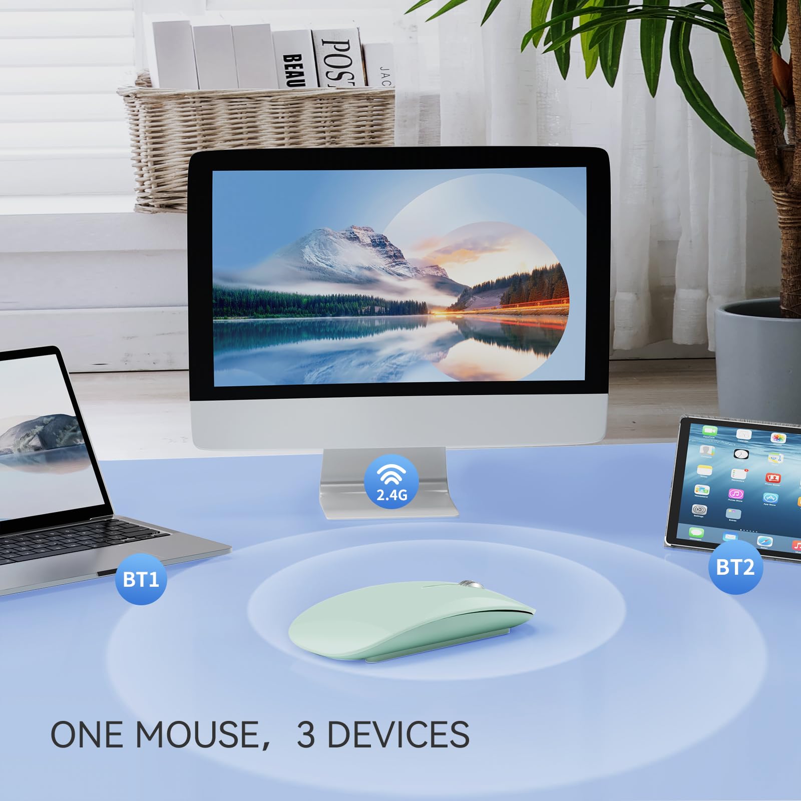 Tenmos M18 Bluetooth Mouse, Usb C Rechargeable Wireless Mouse, Triple Mode (Dual Bluetooth+Usb) Computer Silent Mice Portable With Usb Receiver And Type C Adapter For Laptop/Macbook/Ipad/Pc   Green