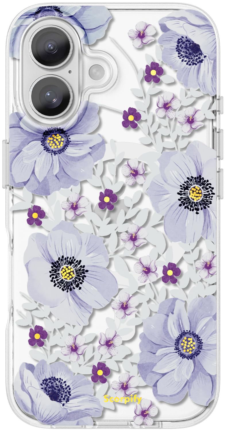 Scorpify For Iphone 16 Case [Compatible With Magsafe] With Purple Anemone Floral Design, Cute Clear Flower Phone Magnetic Cover