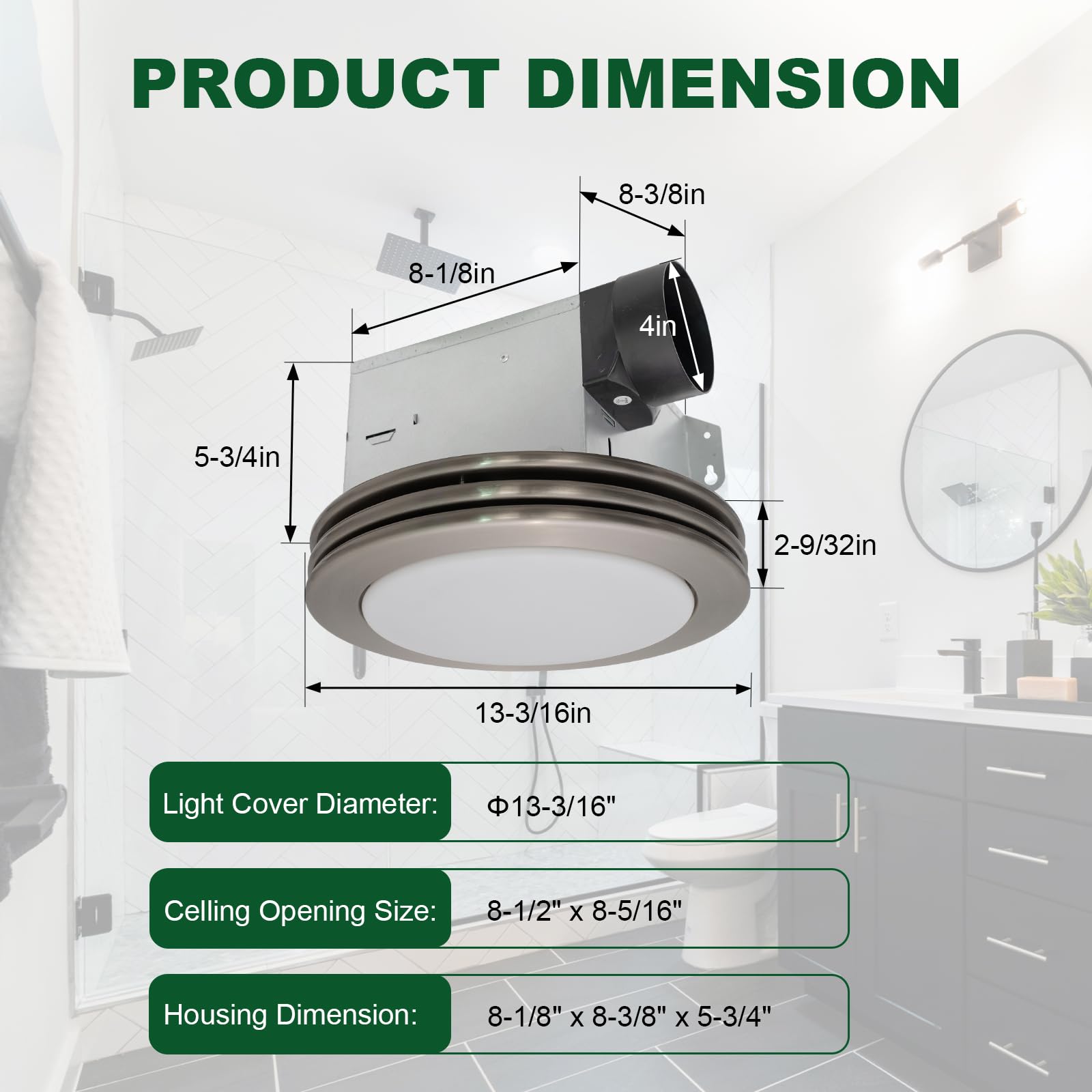 Akicon Bathroom Exhaust Fan With Dimmable Led Light   80Cfm, 2.0 Sones, Acrylic Light Cover For Medium Bathrooms (Brushed Nickel