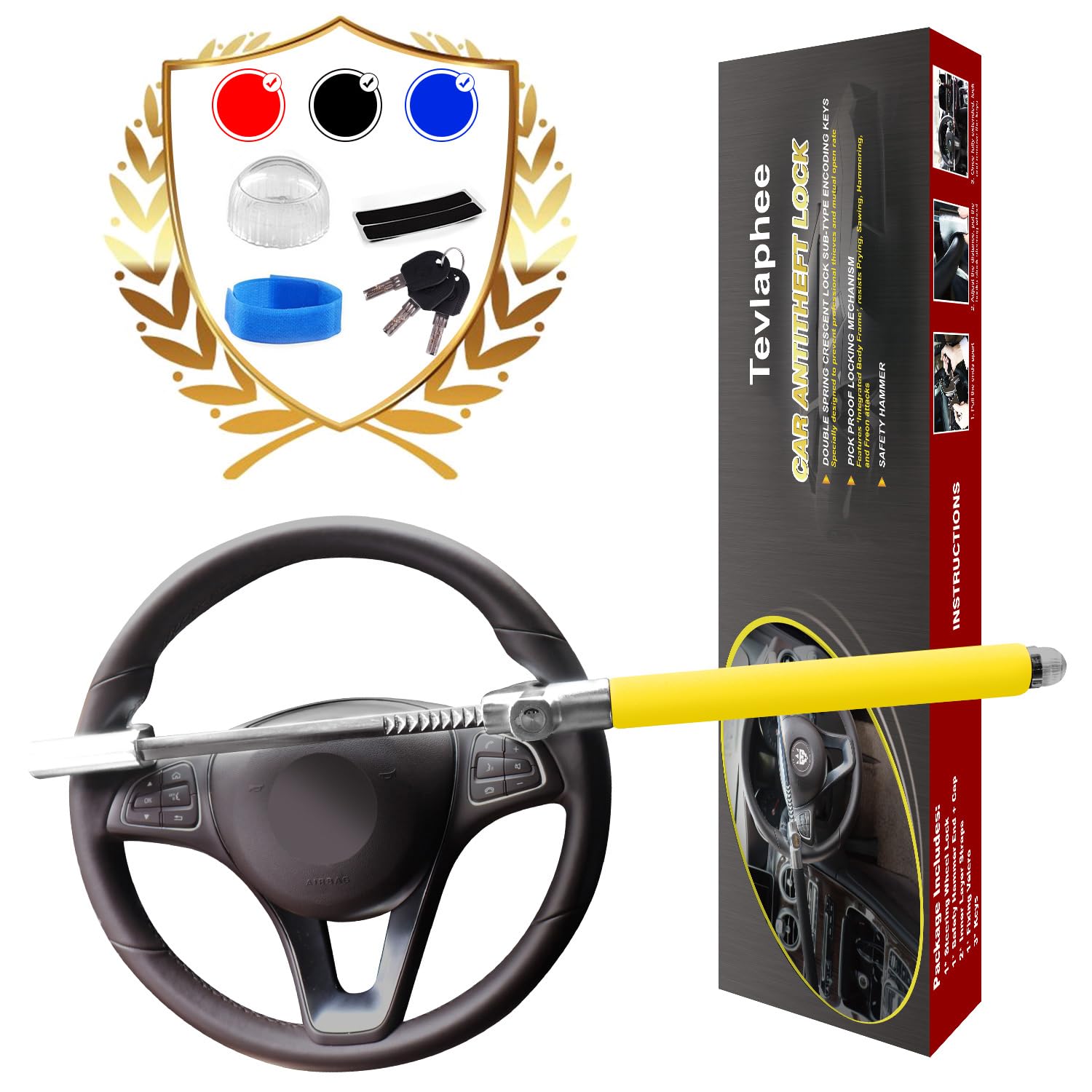 Tevlaphee Steering Wheel Lock Anti Theft Car Device Universal Car Theft Prevention Car Lock Adjustable Double Hook Emergency Ham