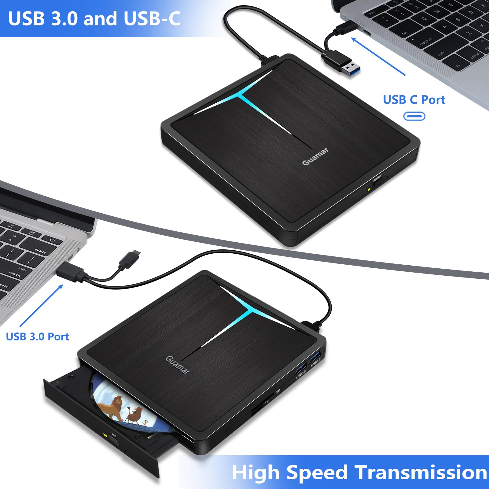Guamar External Dvd Drive, Usb 3.0 Dvd Player For Laptop With 2 Usb/Sd/Tf Slot, Cd Drive External Usb Portable Cd/Dvd Burner Dis