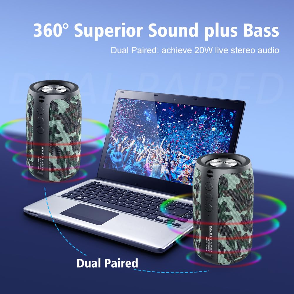 Zealot Bluetooth Speaker, Portable Speaker, S32 Outdoor Speaker, Waterproof Ipx5, Dual Pairing, Stereo Sound/Tf Card/Usb/Aux Competible For Iphone14 Samsung Home/Hiking/Fishing  Camo
