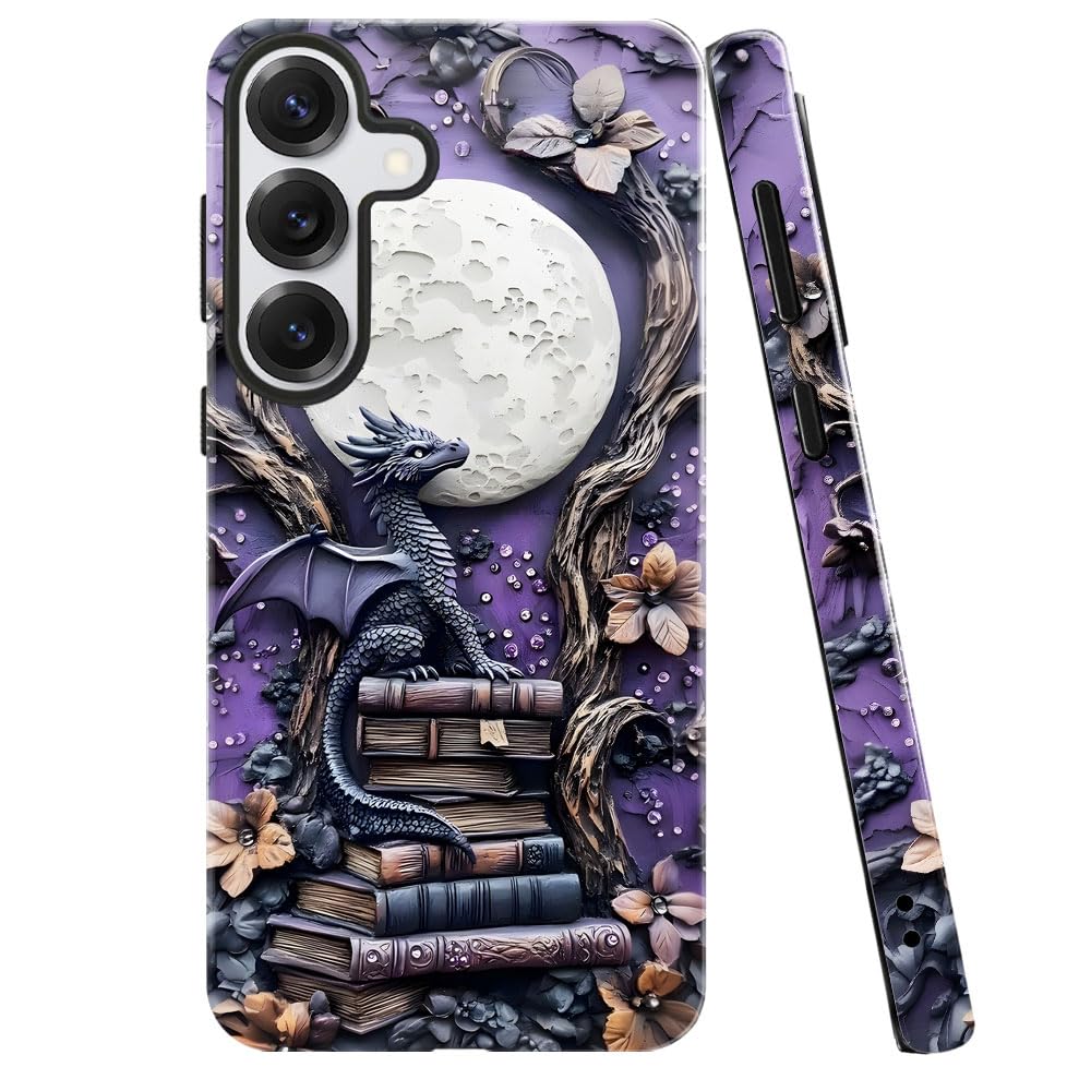 Case for Samsung Galaxy S25 Plus,Purple Dragon Book Moon Flower Phone Case Military-Grade Drop Protection Cover for Women Girl -