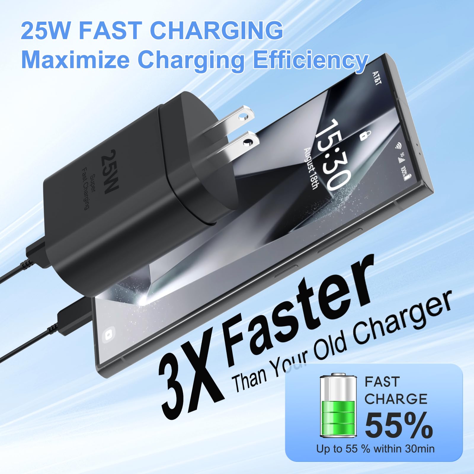 LaoFas USB-C 25W Super Fast Charging Wall Charger with 6.6ft Cable - Black, Model FY0631203000, Compatible with Samsung Galaxy S Series