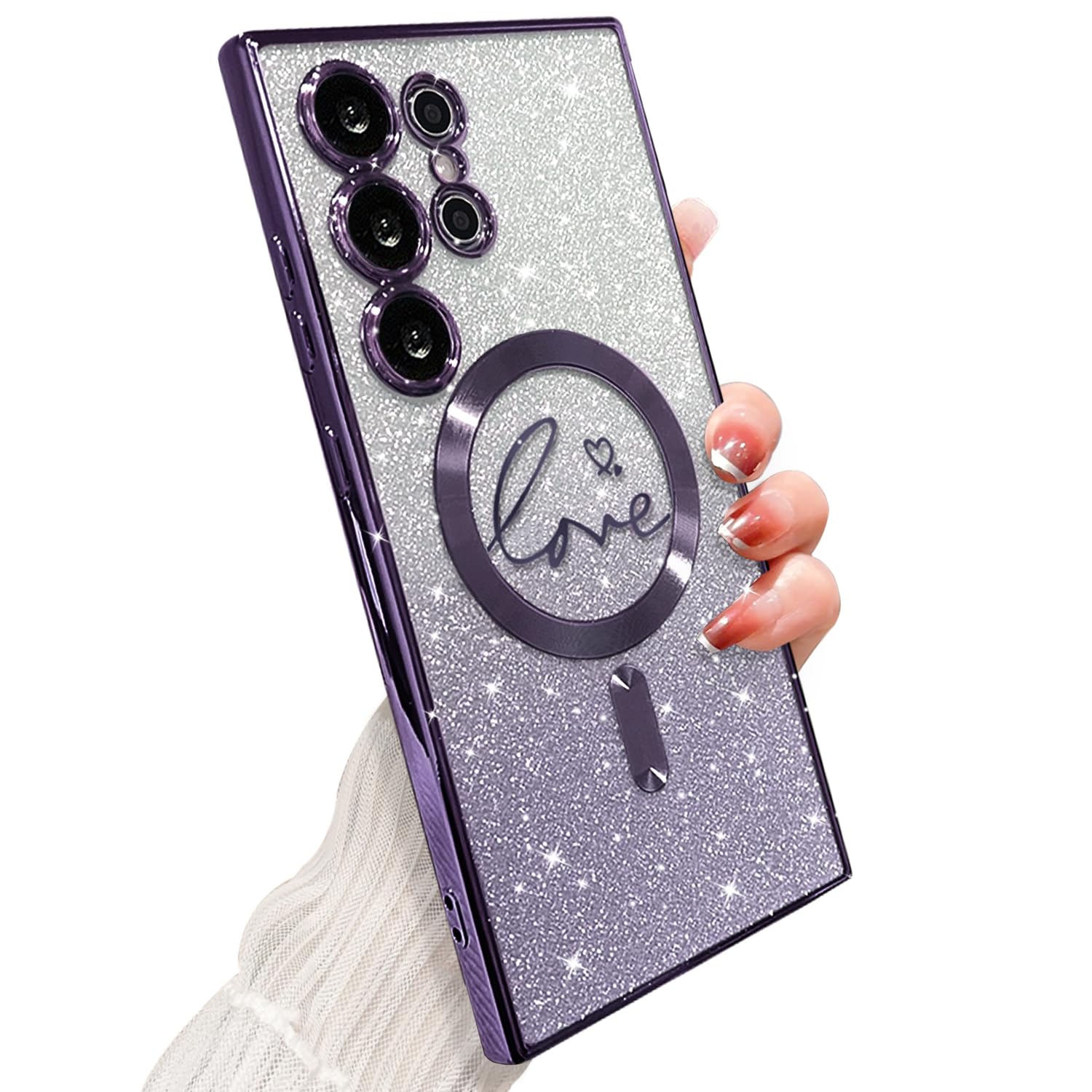 Zonrw For Samsung Galaxy S24 Ultra Case Magnetic,For Women Girl Soft Cute Luxury Love Heart Plating Bling Gradient Glitter Clear