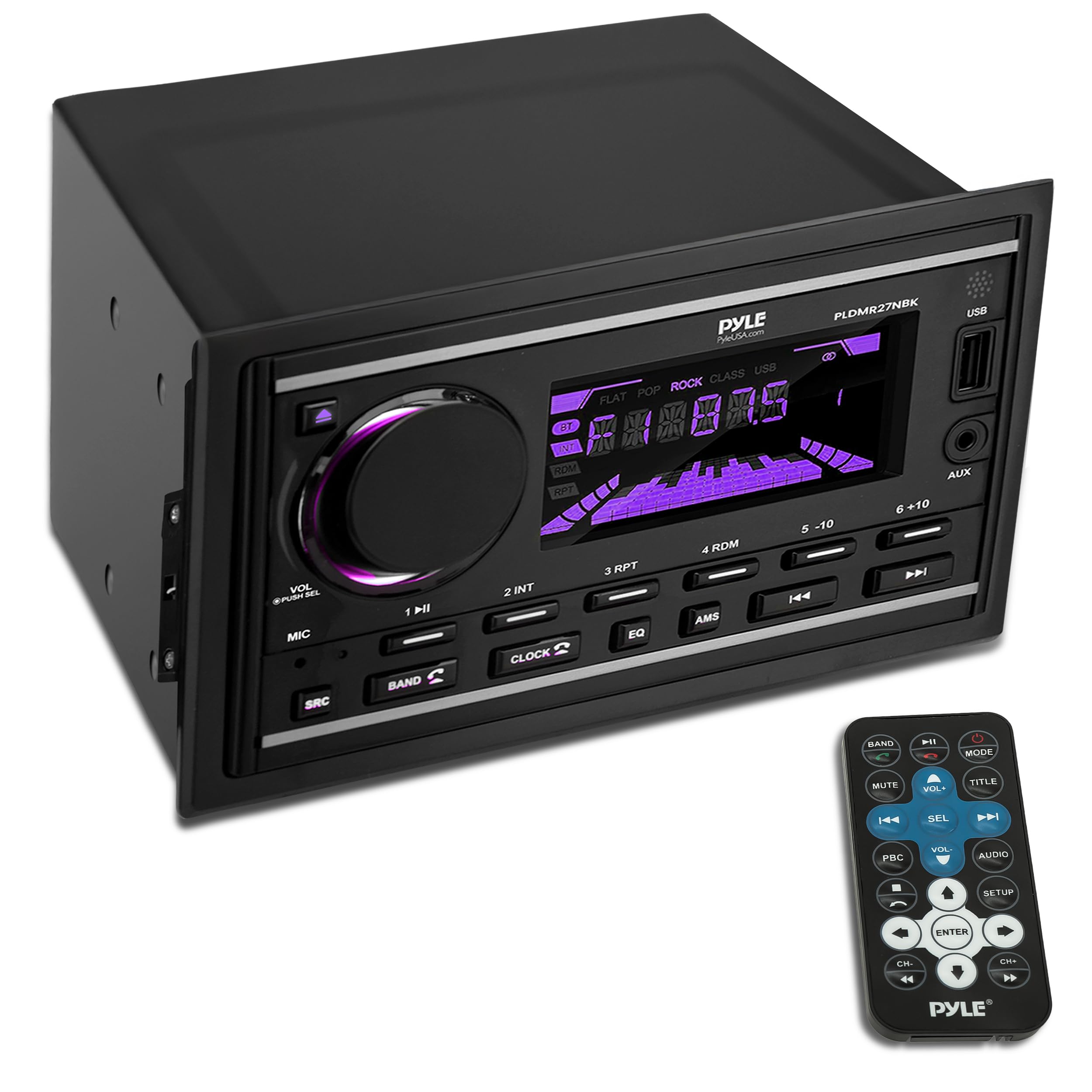 Pyle Double Din Marine Bluetooth Receiver Stereo - Am/Fm/Mp3/Usb/Aux 12V Power Amplifier With 30 Preset Memory Stations, Lcd Dis