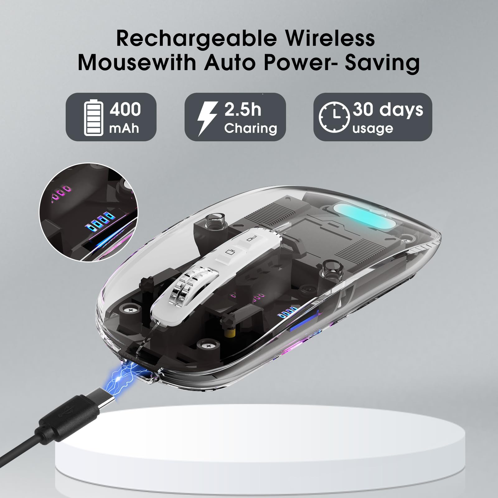 Wireless Transparent Mouse For Computer,Bluetooth Mouse Rechargeale,Power Display,Dpi,Shortcut,Tri Mode Bluetooth5.1(Bt1+Bt2) +