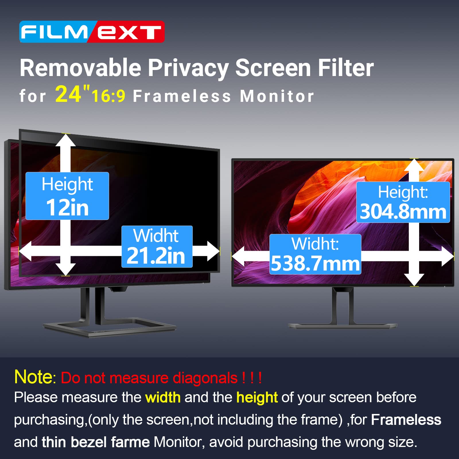Filmext [2 Pack Removable 24 Inch Computer Privacy Screen Filter For 16:9 All In One Desktop/Frameless Monitor   Blue Light Uv B